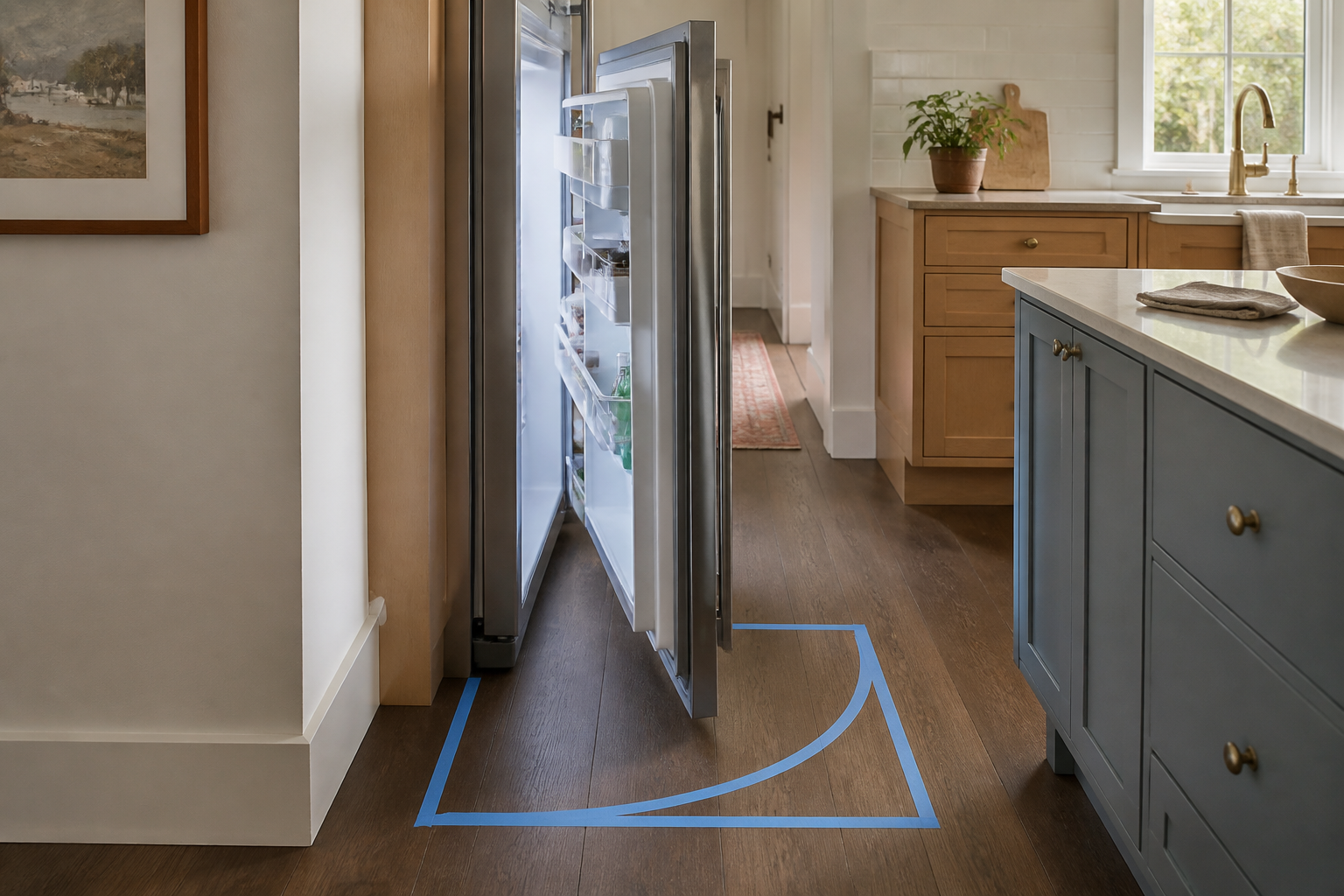 Refrigerator door opened beside a wall with its swing and handle projection marked on the floor.