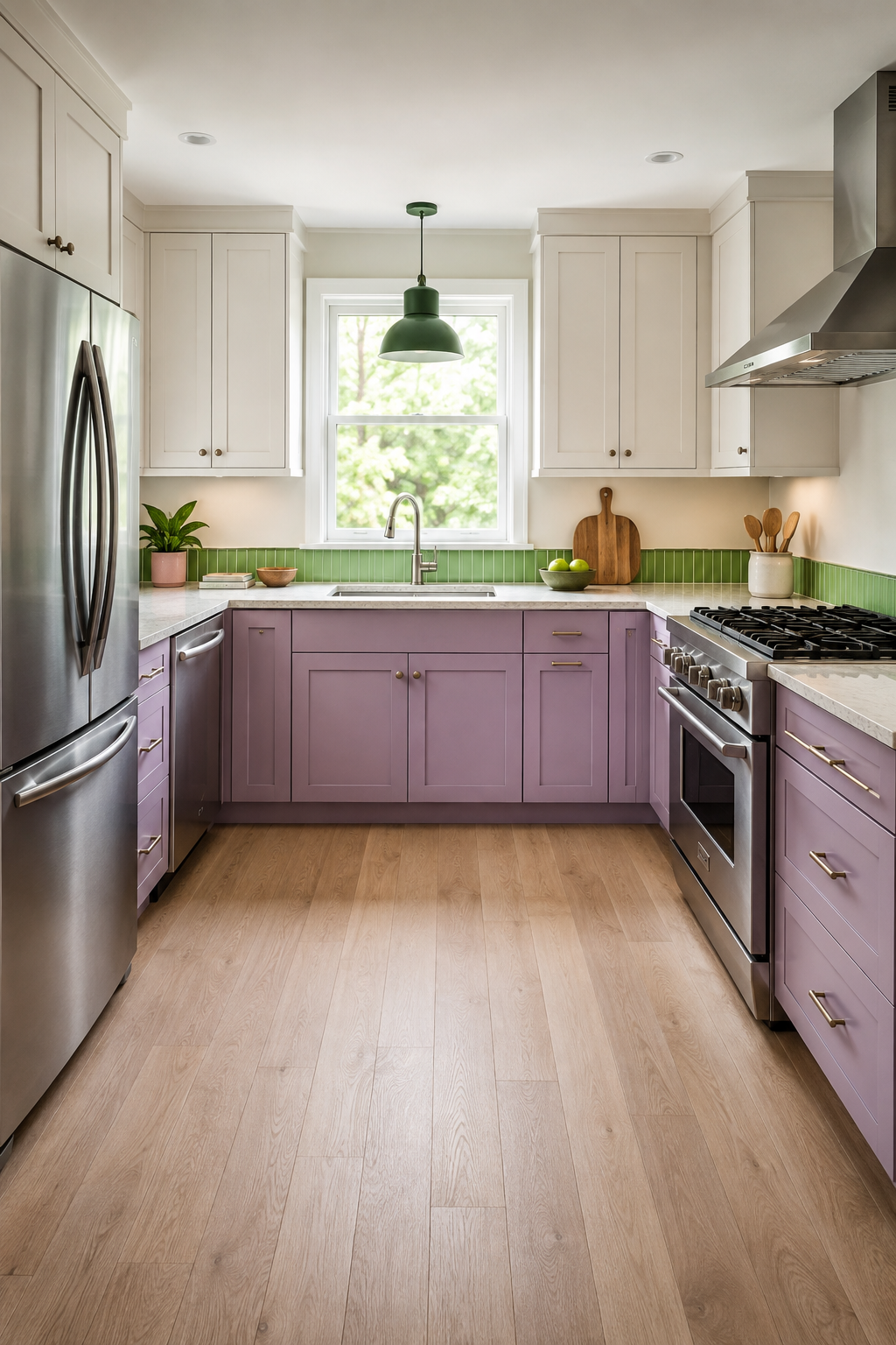 A lilac U-shaped kitchen with green accents, a vented range, separate sink, and empty center work zone.