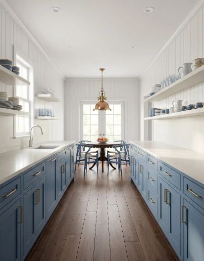 A powder-blue galley kitchen organized around a clear working aisle.