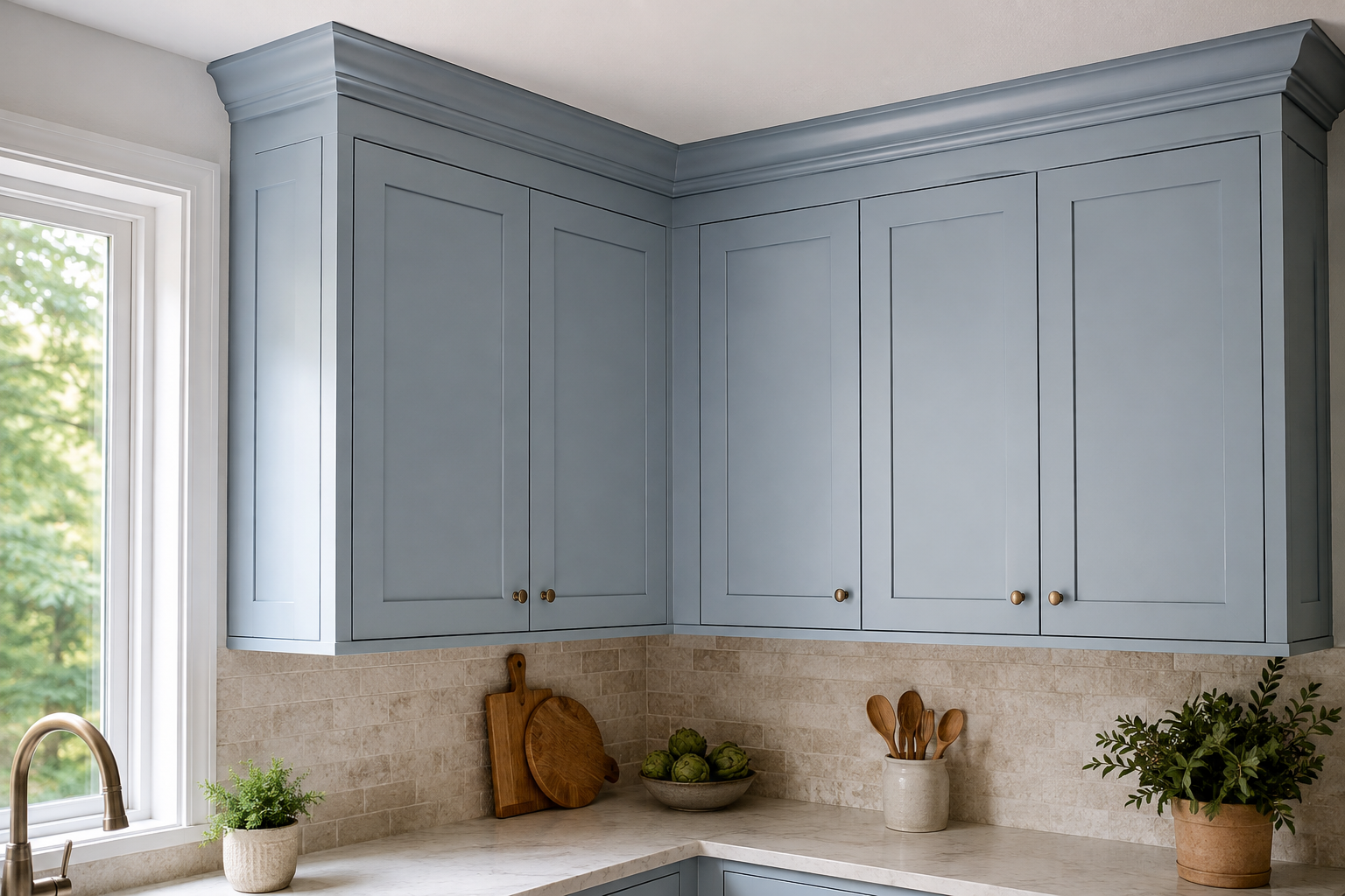 Complete blue wall cabinets turn a true inside corner while their attached crown joins continuously at the same height.