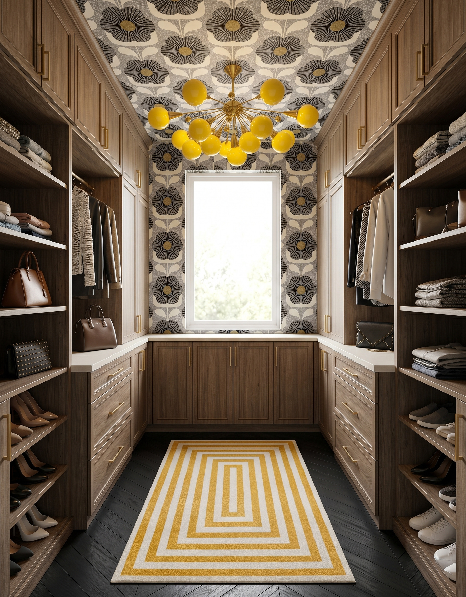 Yellow-and-cream bordered runner on a dark herringbone floor in a dark wood closet with daisy wallpaper and a yellow glass globe light.