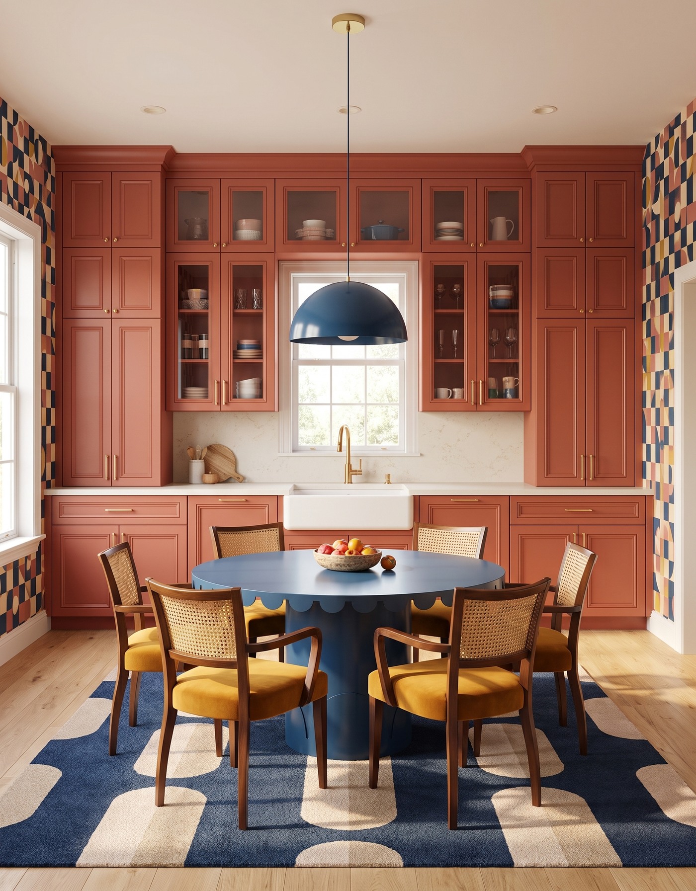 AI-created concept: Burnt-orange kitchen cabinets with geometric wallpaper, a round blue table, mustard cane-back chairs and blue pendant.