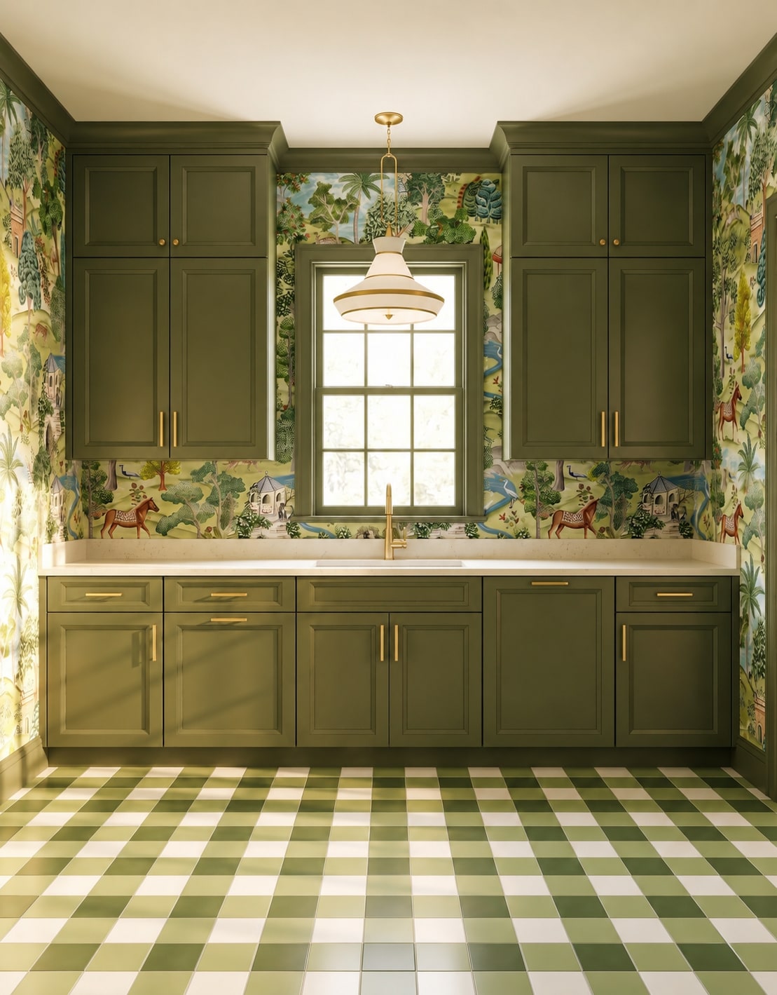 A green laundry sink wall with closed upper and base cabinets, a centered window, a broad work counter, and open floor in front.