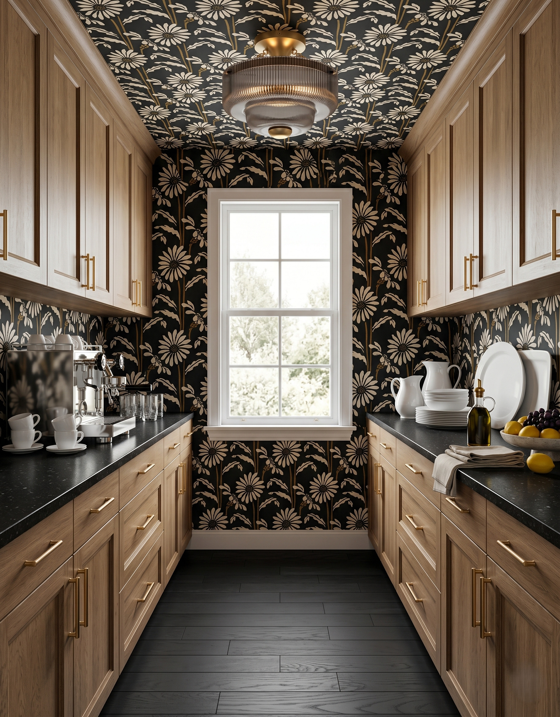 Light-wood galley pantry with black-and-cream floral wallpaper on the ceiling and walls, dark counters and a tall white-trimmed end window.