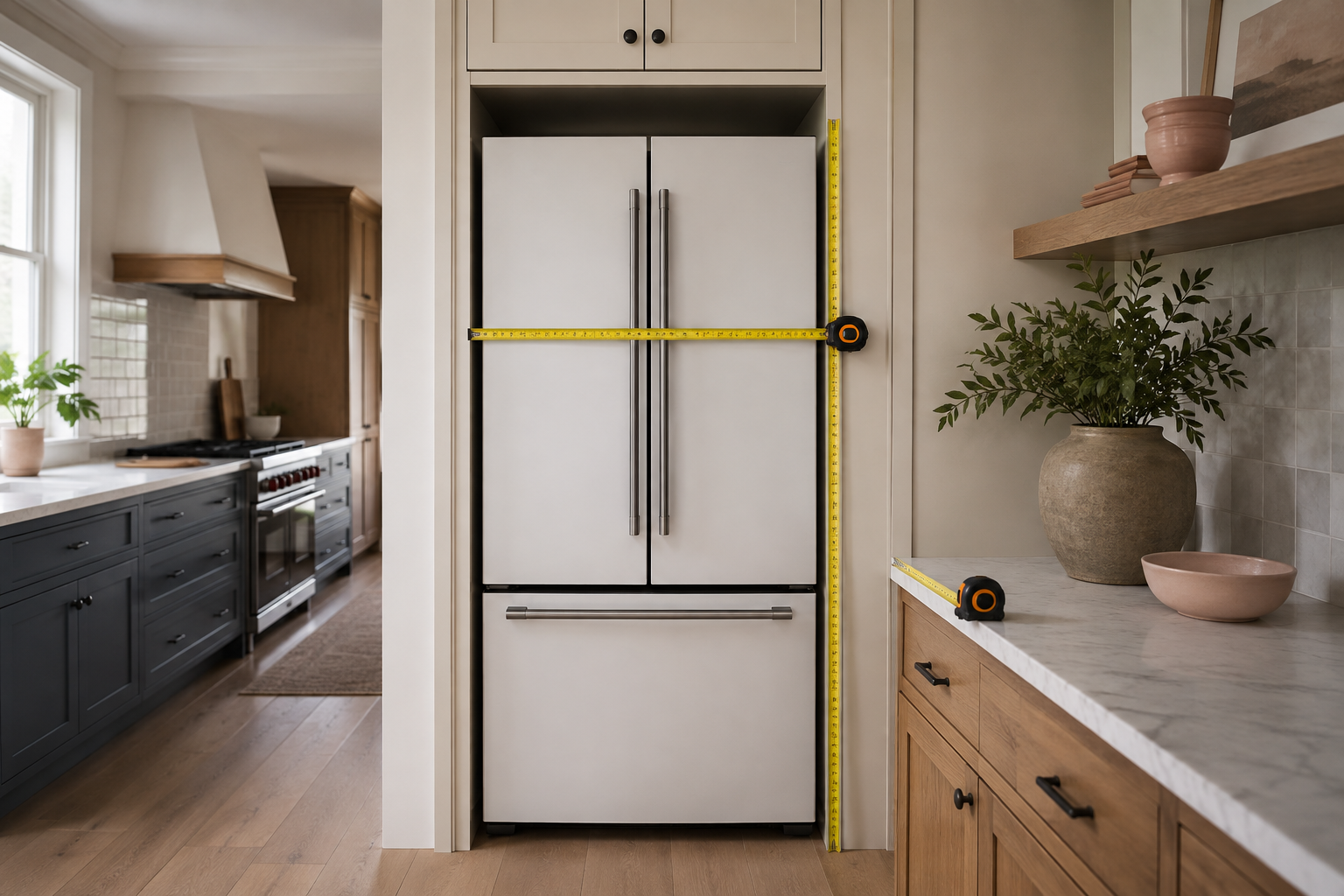 Refrigerator in a cabinet opening with separate width, height, and depth checks.