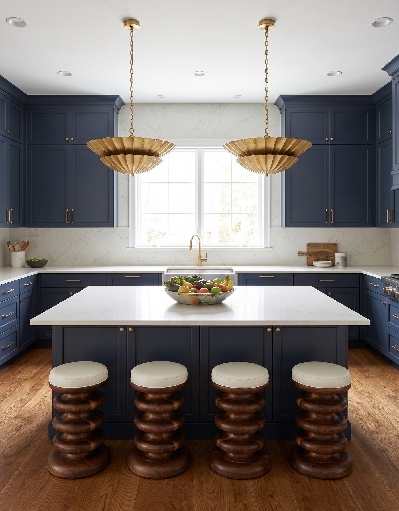 AI-created concept: Golden-grained wood flooring beneath deep-blue cabinets, a light island counter and two brass-toned pendants.