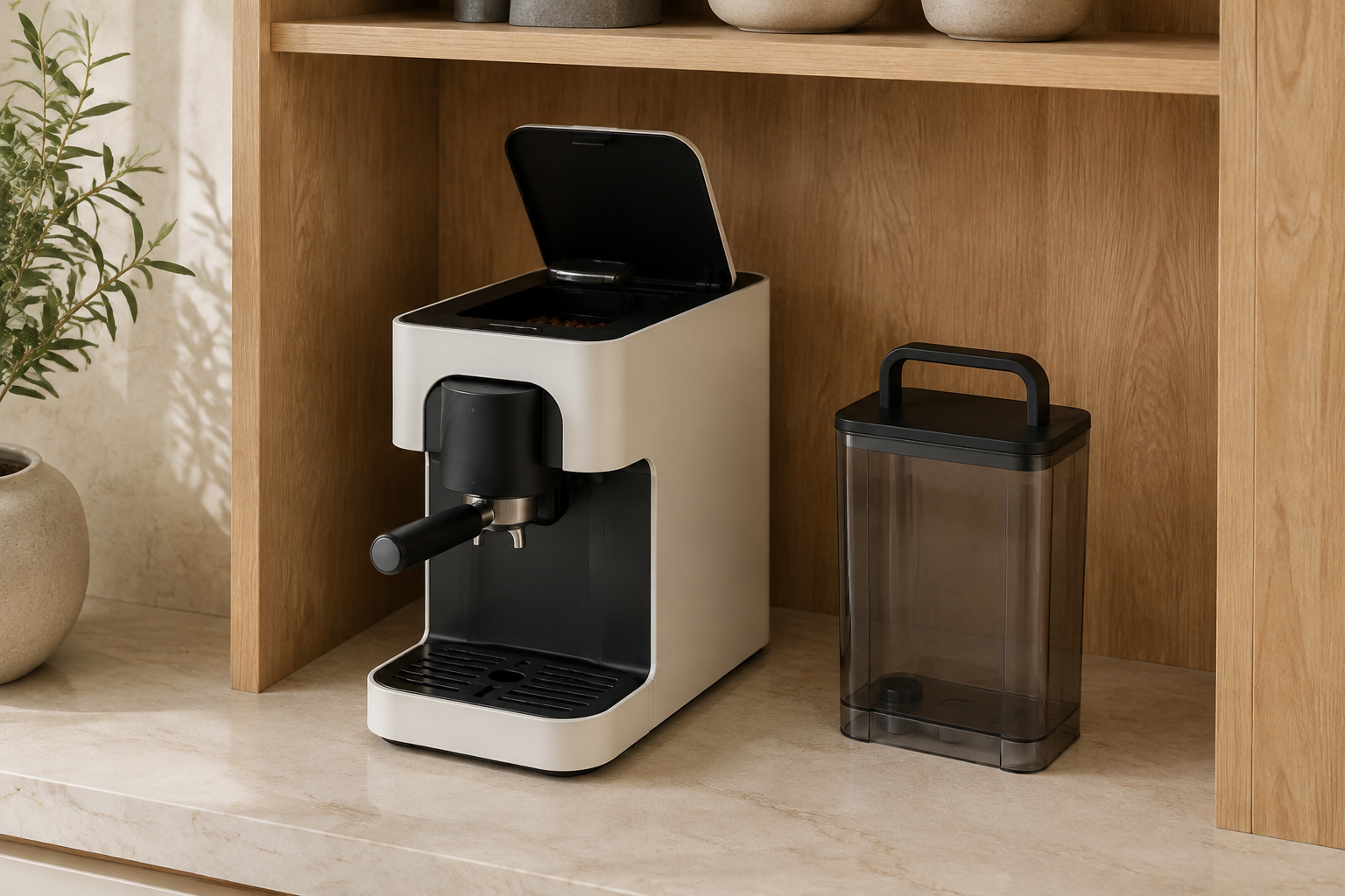 Coffee maker in an open niche with its top lid raised and its complete removable water reservoir standing beside it below the shelf above.