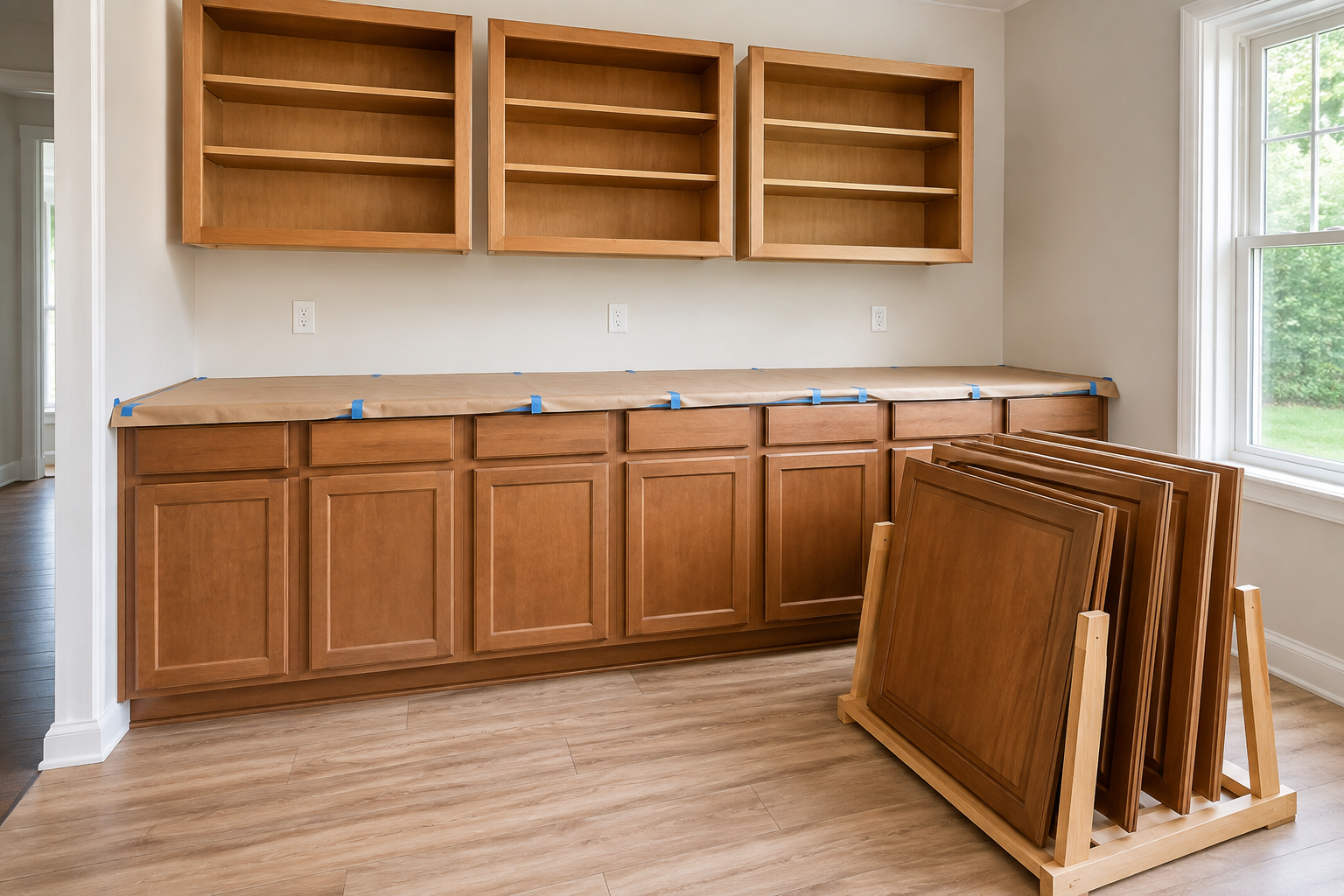 Sound attached upper cabinet boxes with solid removed doors organized safely on a nearby rack.