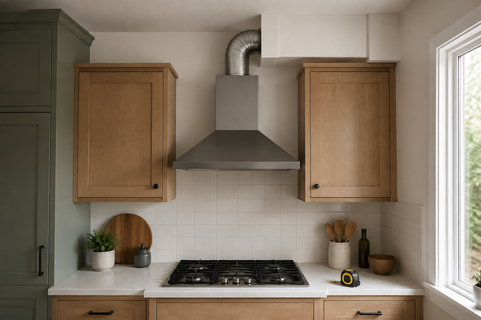 Cooktop, hood, upper cabinets, and visible duct route arranged in a realistic kitchen wall.