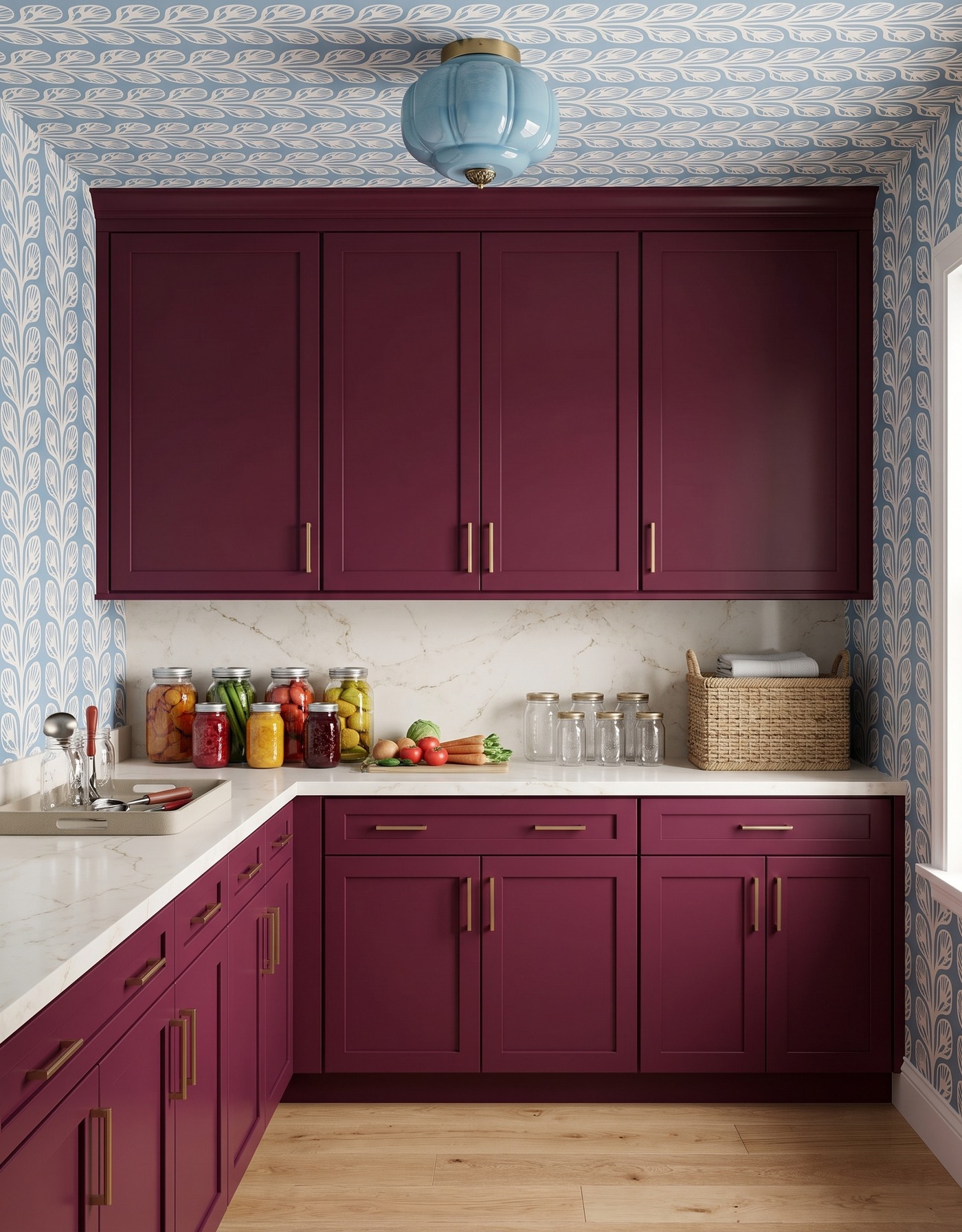 AI-created concept: Berry pantry cabinets with blue-and-cream leafy wallpaper, pale slab backsplash, glass jars and a pale-blue light.
