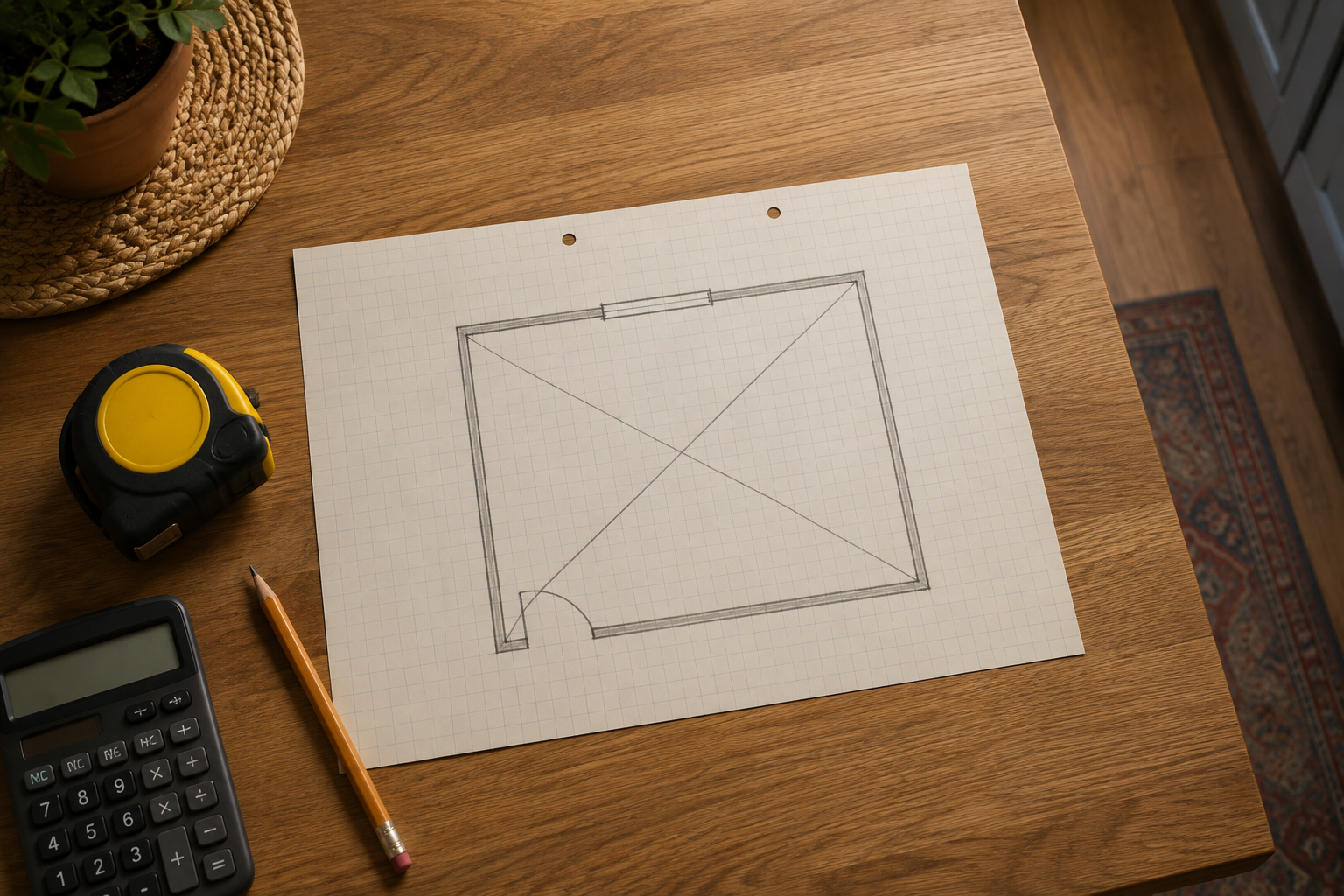 Overhead kitchen perimeter sketch with two exact corner-to-corner diagonal lines beside a tape measure, pencil, and calculator.