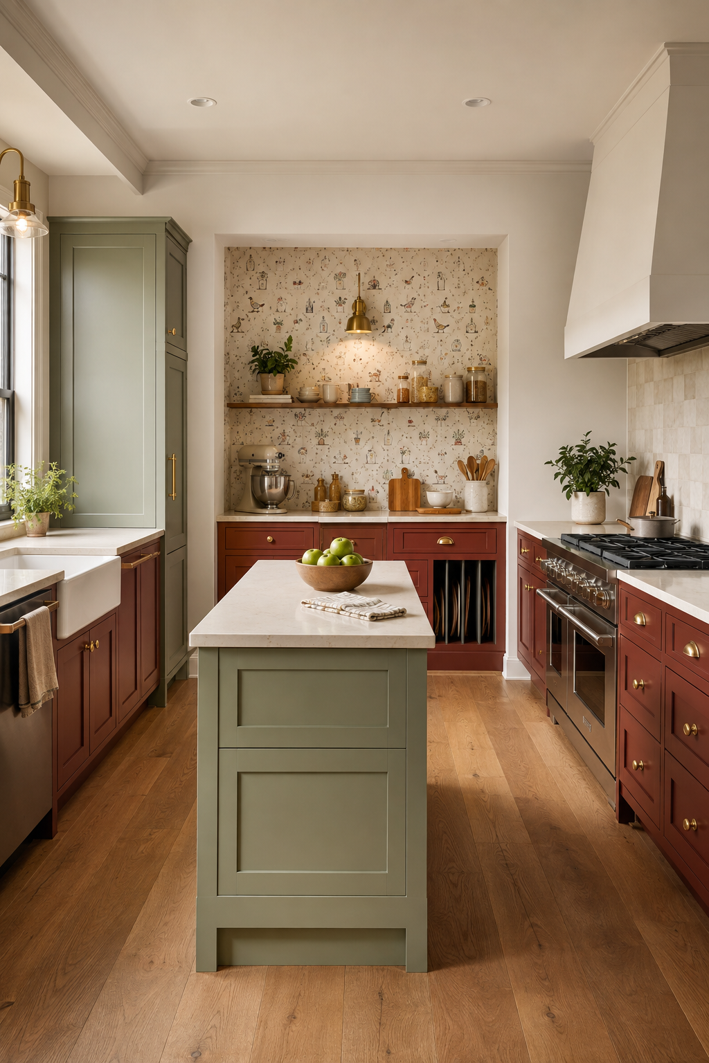 A playful baking kitchen with illustrated wallpaper contained inside a dedicated baking niche and clear aisles around the island.