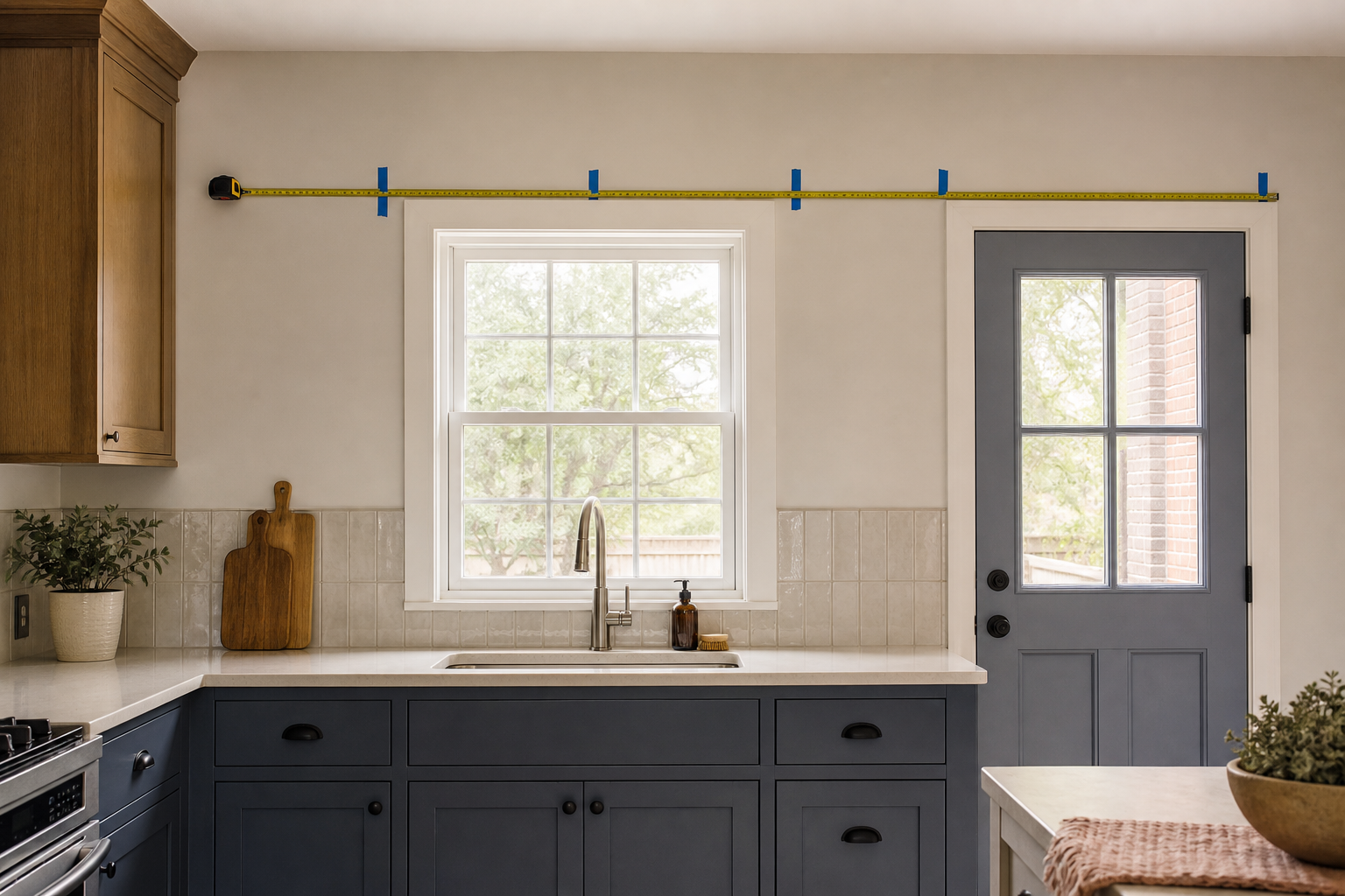 Kitchen wall divided into measured segments around openings and fixed features.