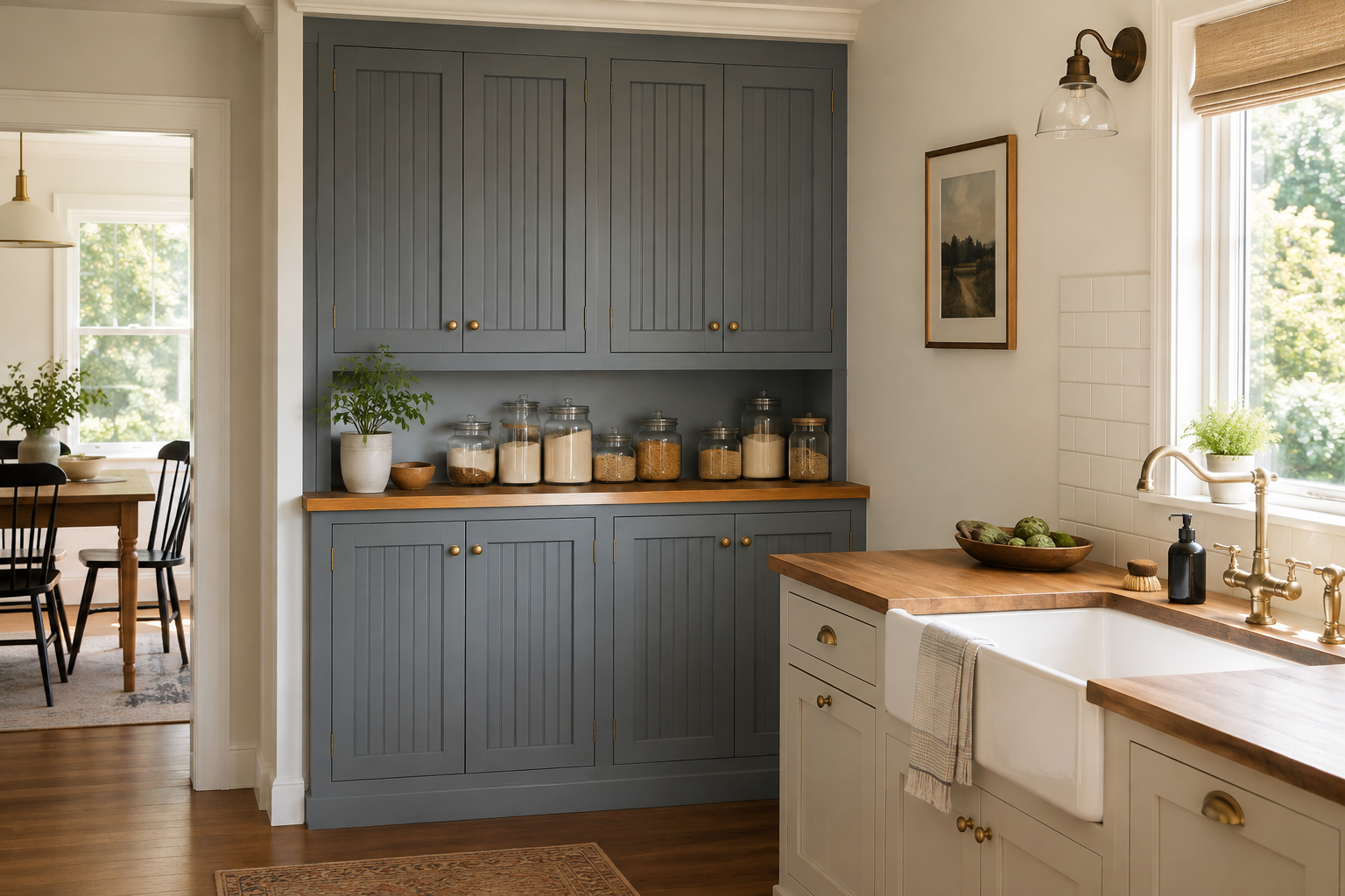 Dusty blue-gray pantry cabinet wall with believable beadboard center panels and warm wood counters.