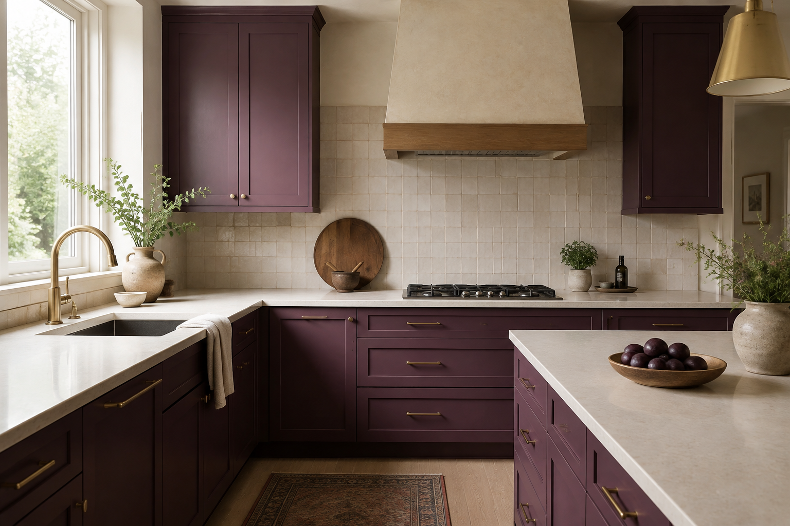 Plum cabinets with calm cream counters, a low-contrast backsplash, and restrained flooring.