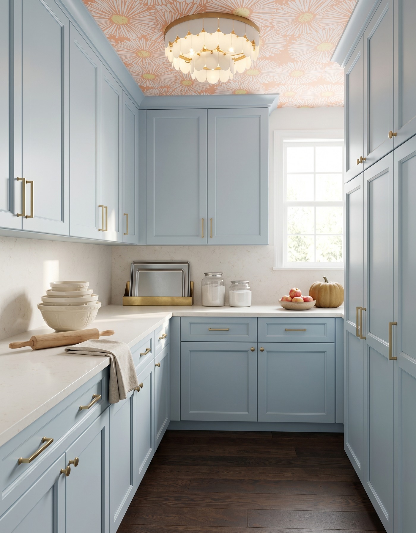 AI-created concept: Smoky-blue pantry with peach daisy ceiling, cream mixing bowls and a dark wood floor.