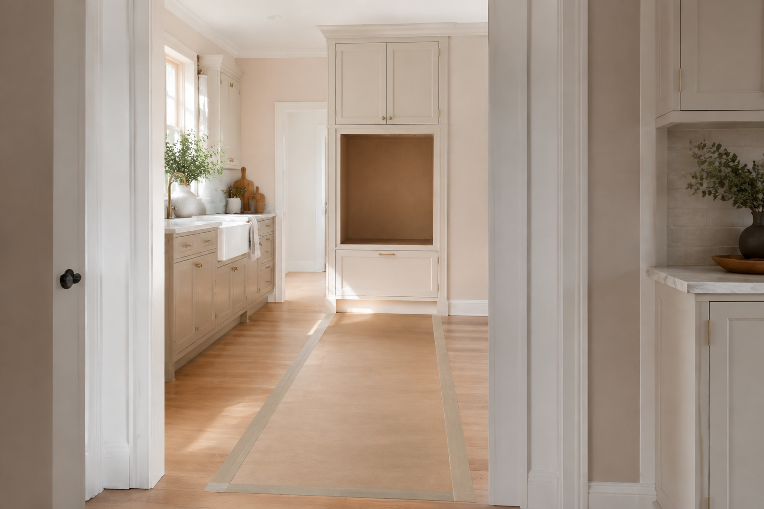 Broad protected route through a finished kitchen toward a realistically proportioned empty wall-oven cabinet.