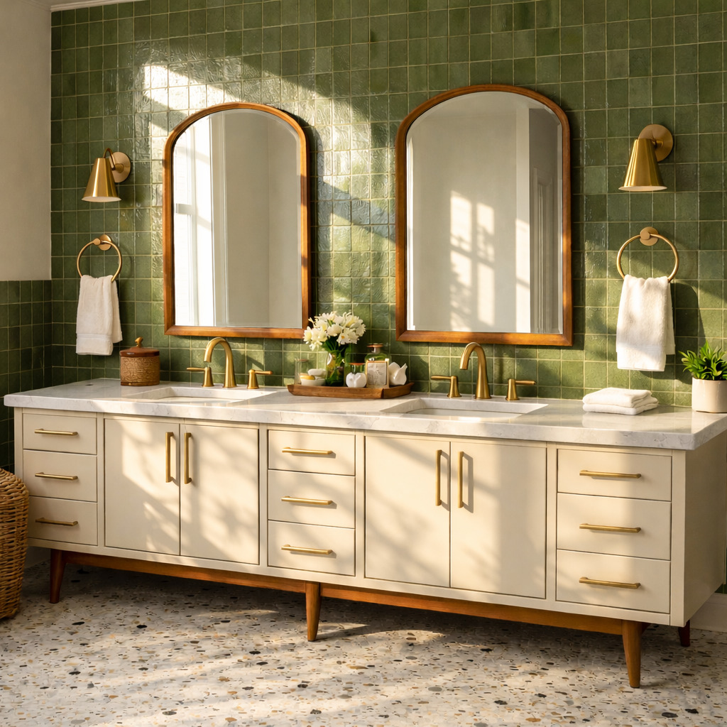 Cream vanity on wood legs below olive square wall tiles and arched wood mirrors, with gold fixtures and a terrazzo-look floor.