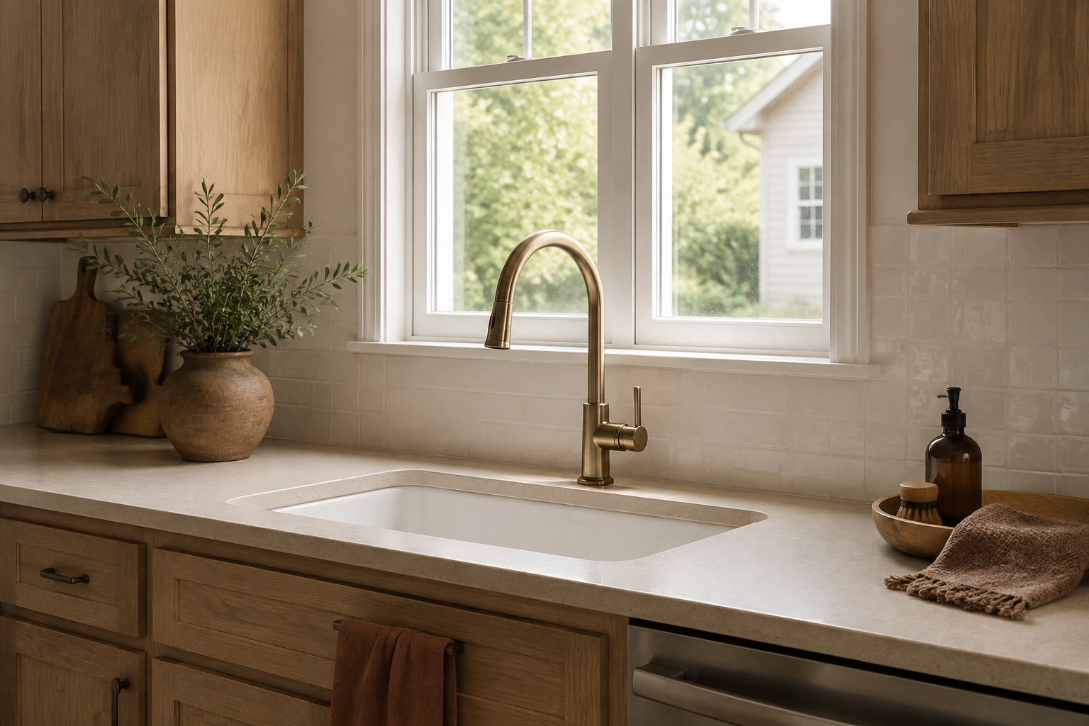 Kitchen faucet below a window with comfortable handle, spout, trim, and backsplash clearance.