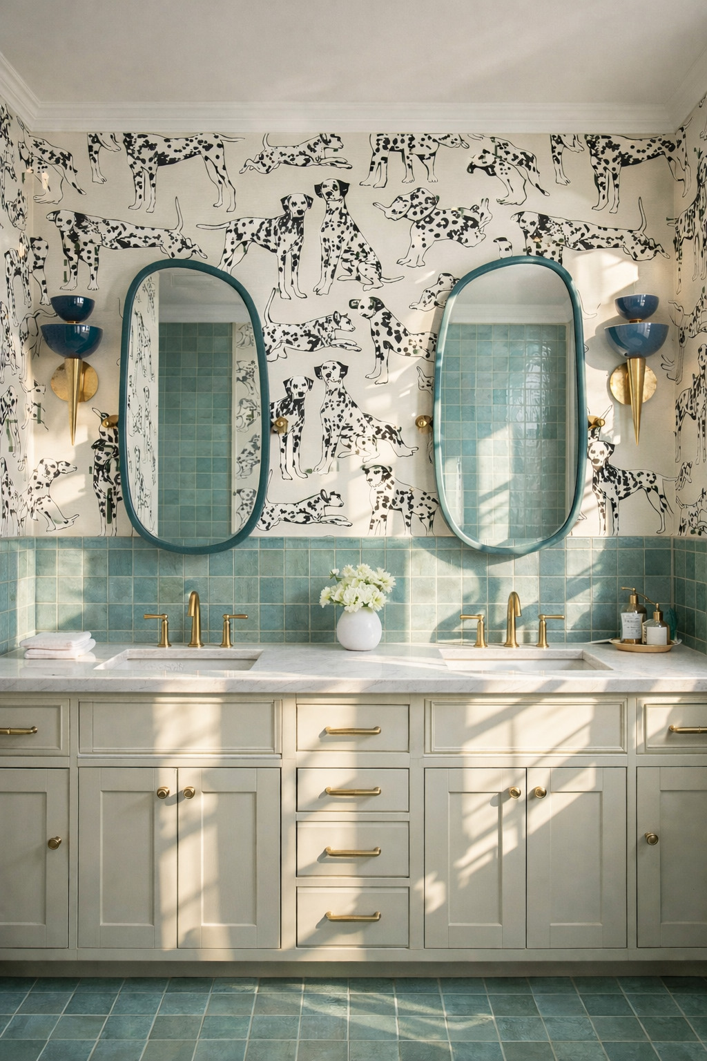 Cream double vanity with turquoise oval mirrors, blue sculptural sconces, blue-green square tile and black-and-white dog wallpaper.
