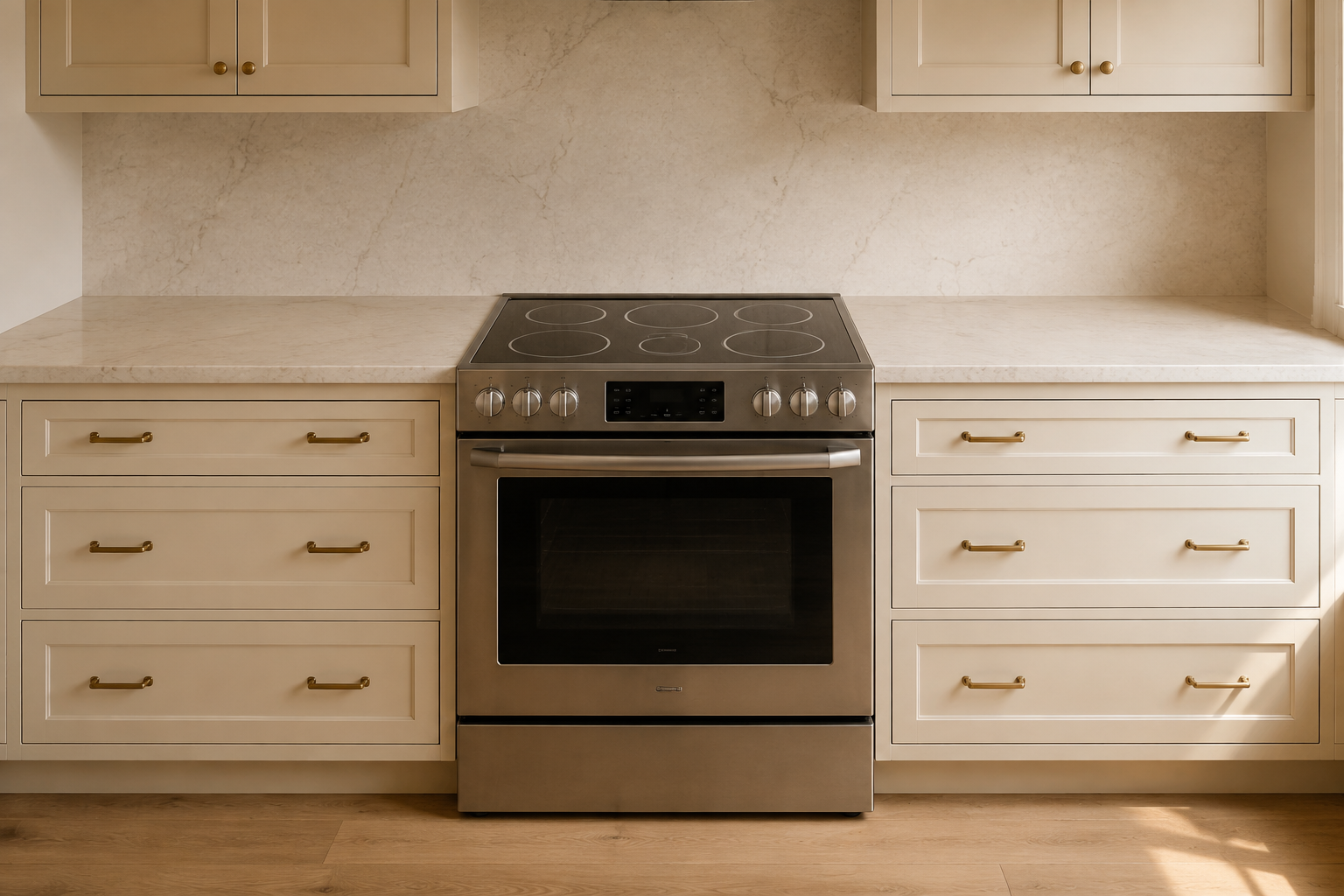 Centered range with clear durable landing counter on both sides and no permanent countertop clutter.