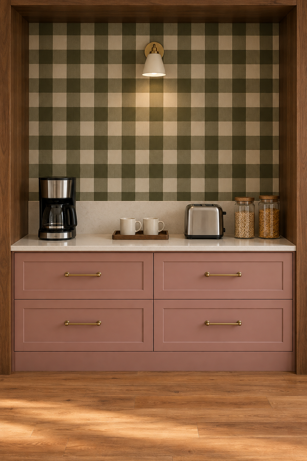 Generated kitchen concept with a coffee maker, toaster, two mugs and plain cereal jars grouped in a dusty-rose breakfast alcove.