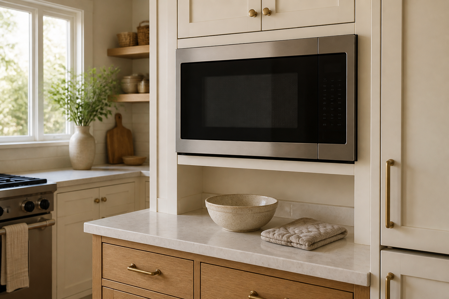 Built-in microwave at chest height above a clear landing counter with a bowl and oven mitt nearby.