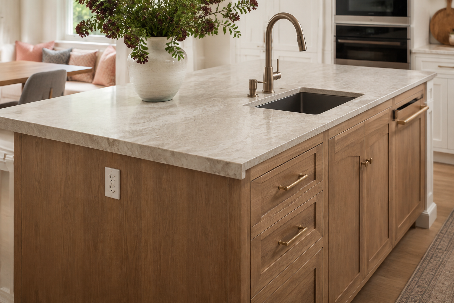 Oak island with a prep sink, discreet end-panel outlet, and a carefully coordinated stone surface.
