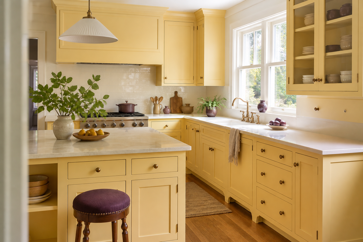 Butter-yellow kitchen with plum appearing only on a small upholstered stool and a few ceramics.