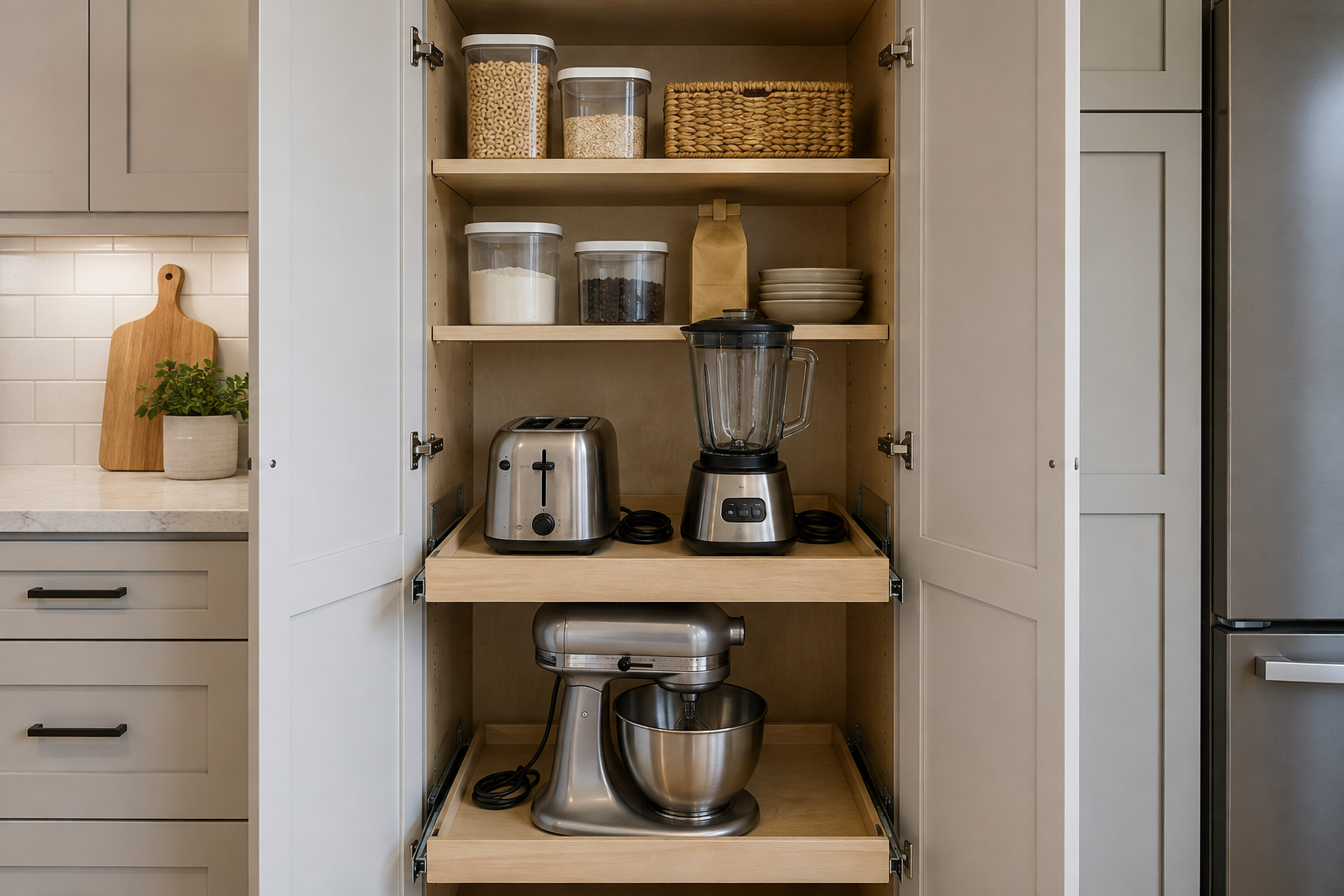 A tall hinged pantry uses adjustable shelves and two fully supported pullout shelves for a toaster, blender, and stand mixer with cords unplugged.