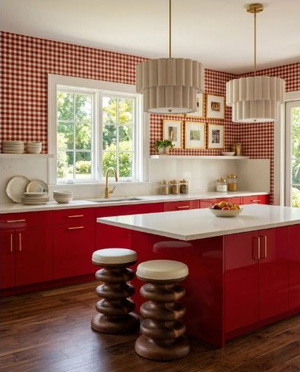 Rich red cabinets combining country character with a more modern layout.