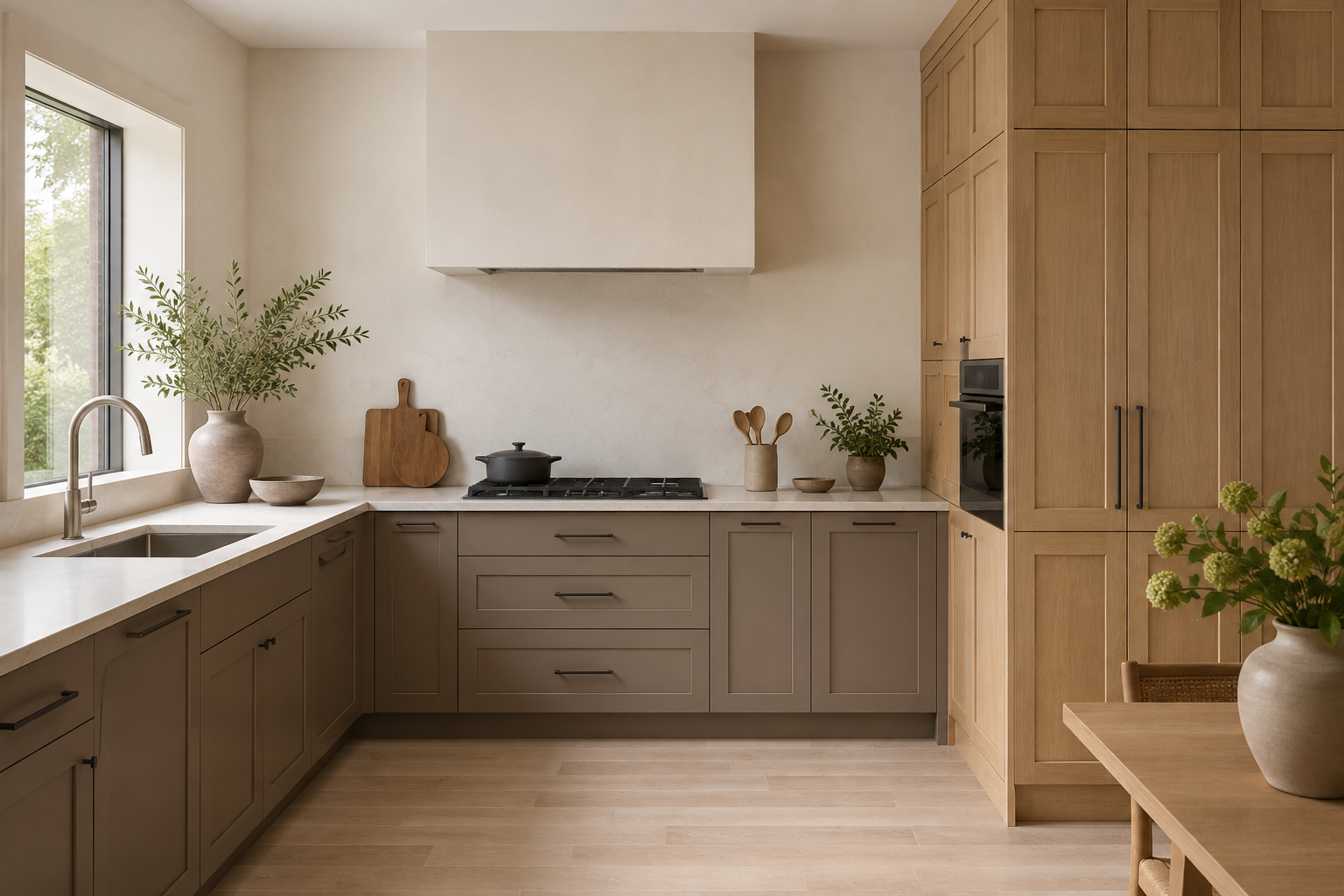 Mushroom base cabinets and pale oak tall cabinets surrounded by quiet, low-contrast stone and walls.