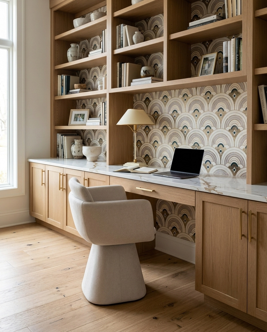Wood desk and bookshelves with fan-pattern wallpaper, a brass shaded lamp, an open book and a pale upholstered chair beside a window.