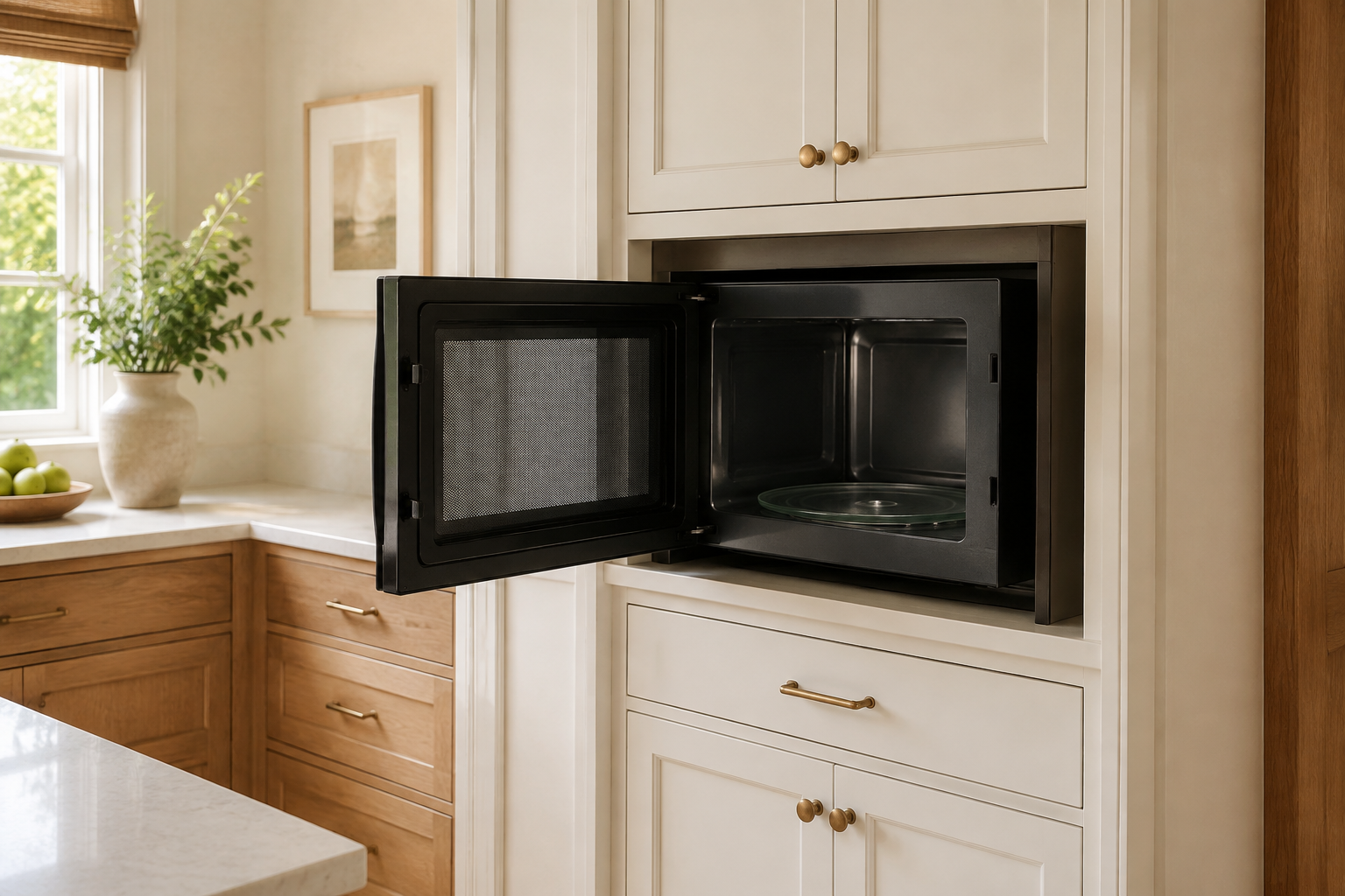 Open built-in microwave door shown clear of adjacent cabinet doors and hardware.