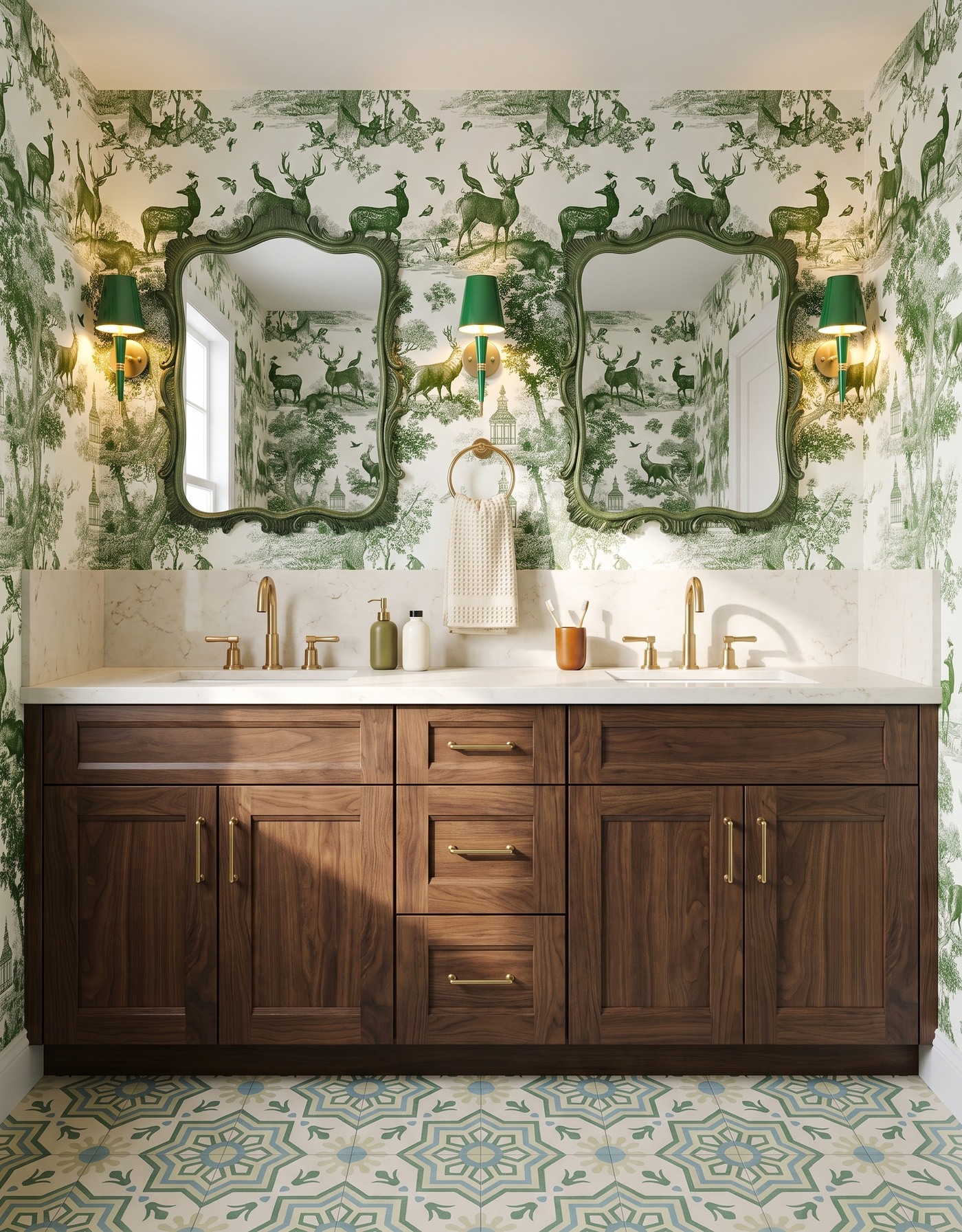 AI-created concept: Walnut-toned cabinets, green woodland toile and ornate green mirrors create a layered guest vanity.