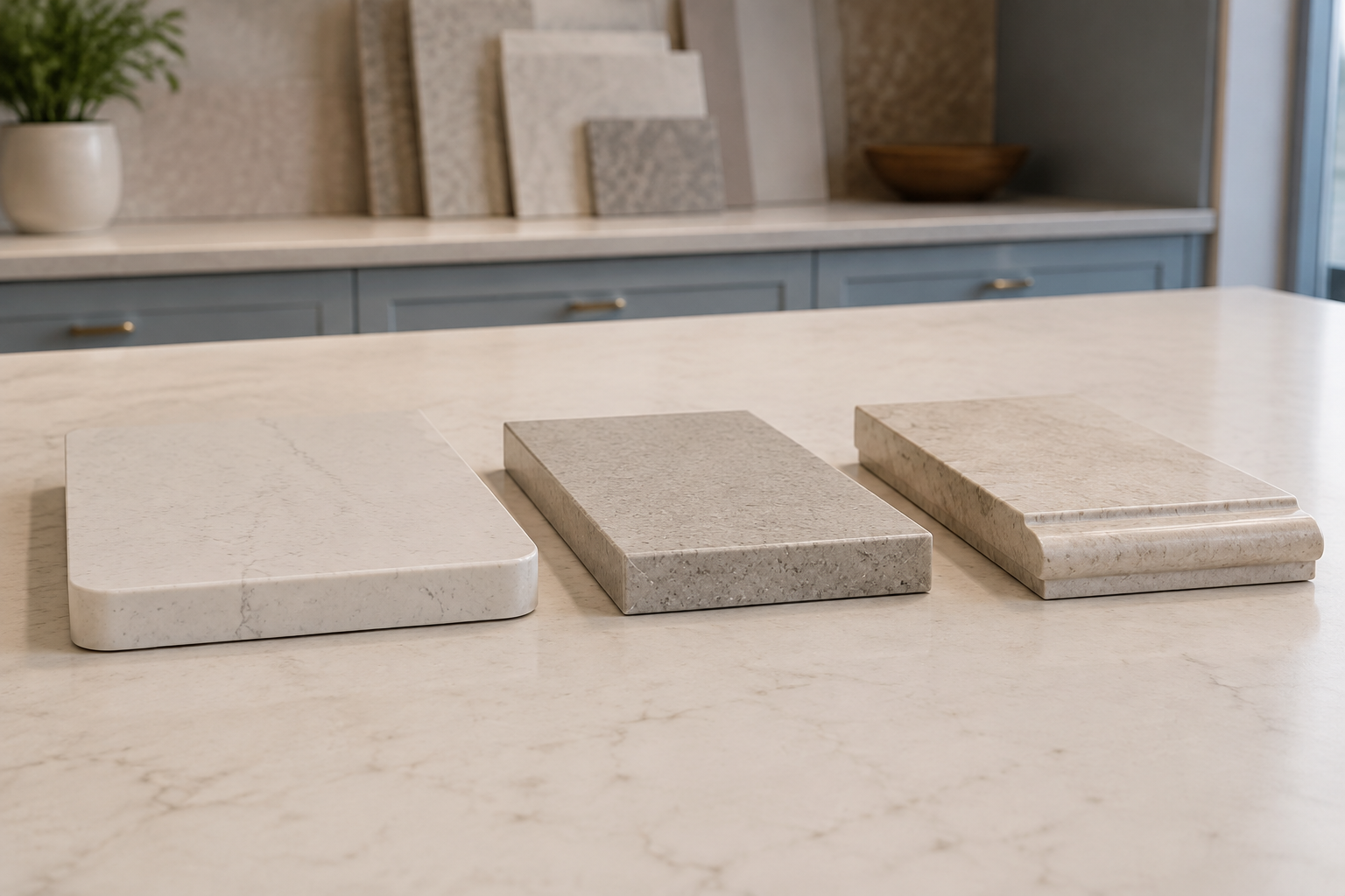 Three separate supported stone countertop samples showing a simple eased edge, a small bevel, and a traditional ogee profile.