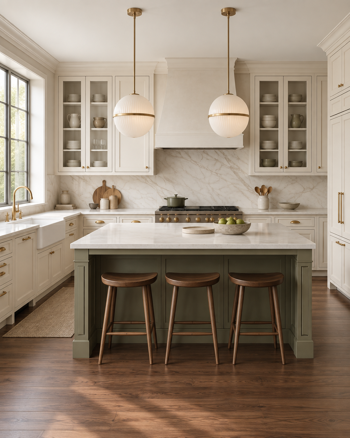 Cream kitchen with a muted olive island, three wood stools and two large ribbed opal-glass globe pendants with brass bands.