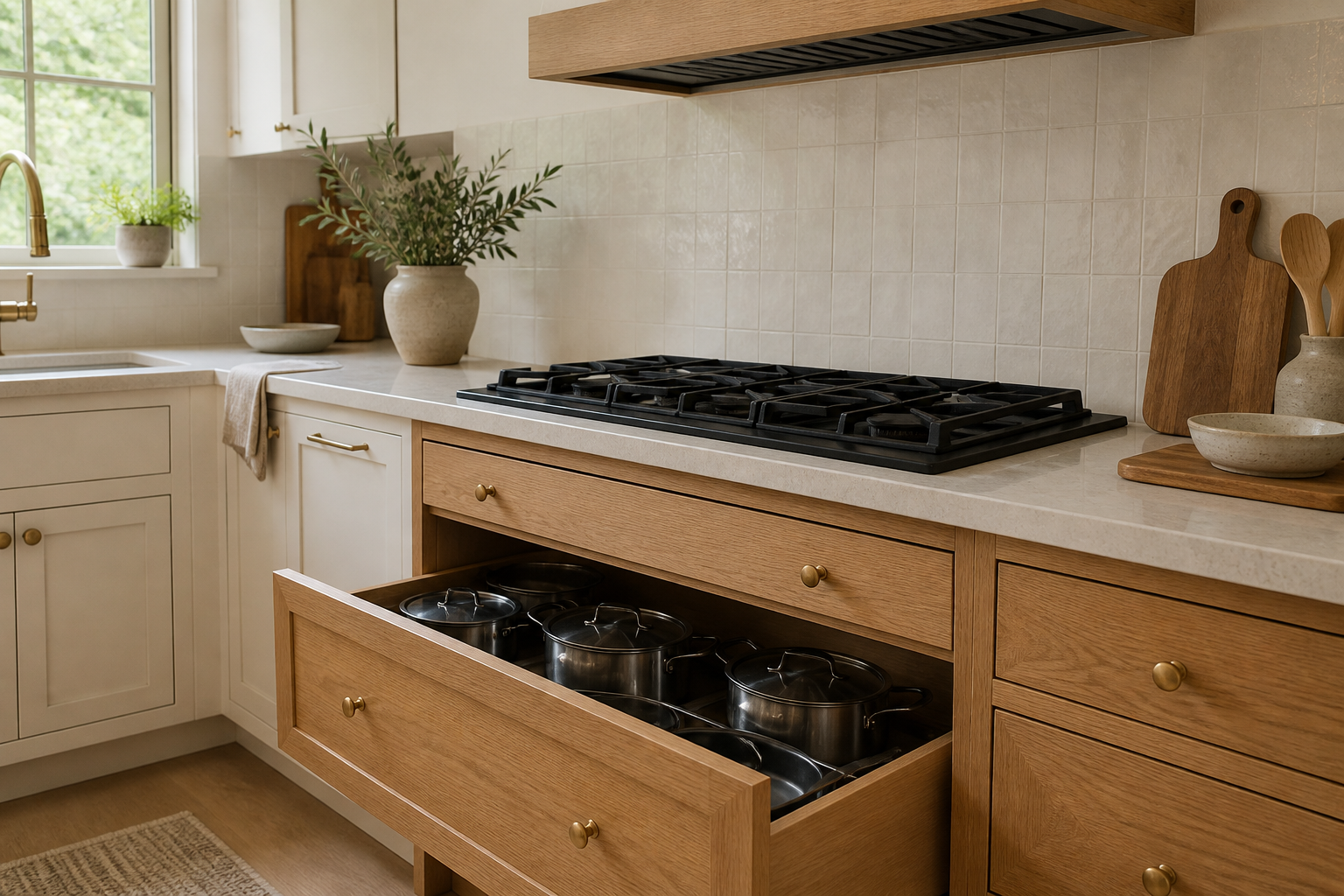Cooktop and cabinet relationship aligned for clean body depth and support access.