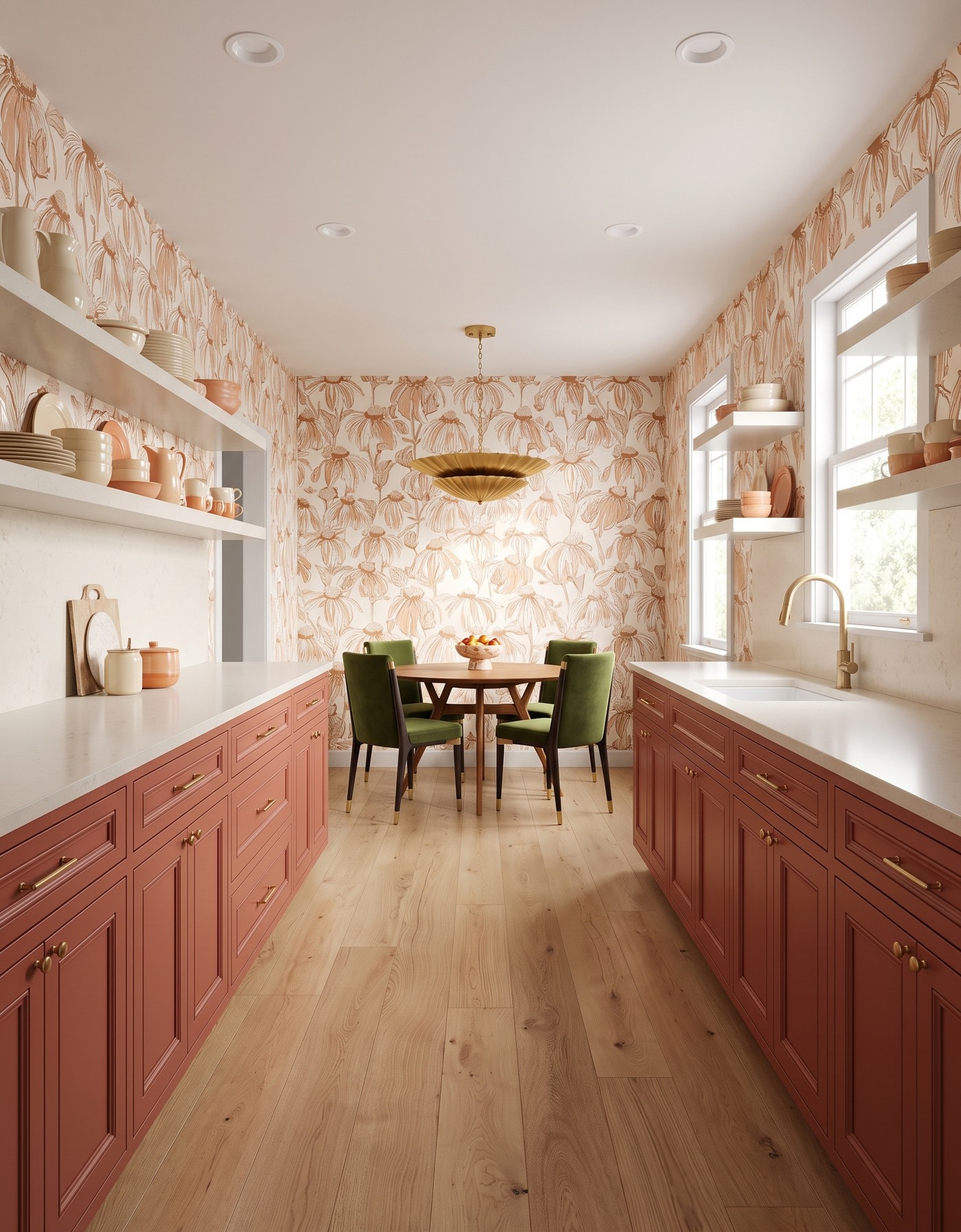 AI-created concept: Burnt-orange galley cabinets with warm botanical walls, a round wood table and olive chairs.