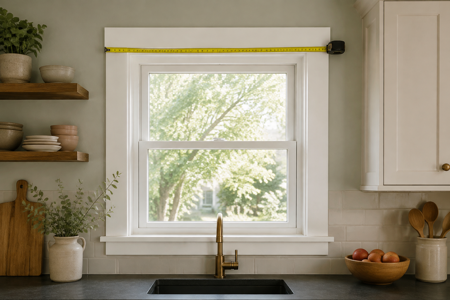 Tape measure spanning the full outside edges of kitchen window casing.