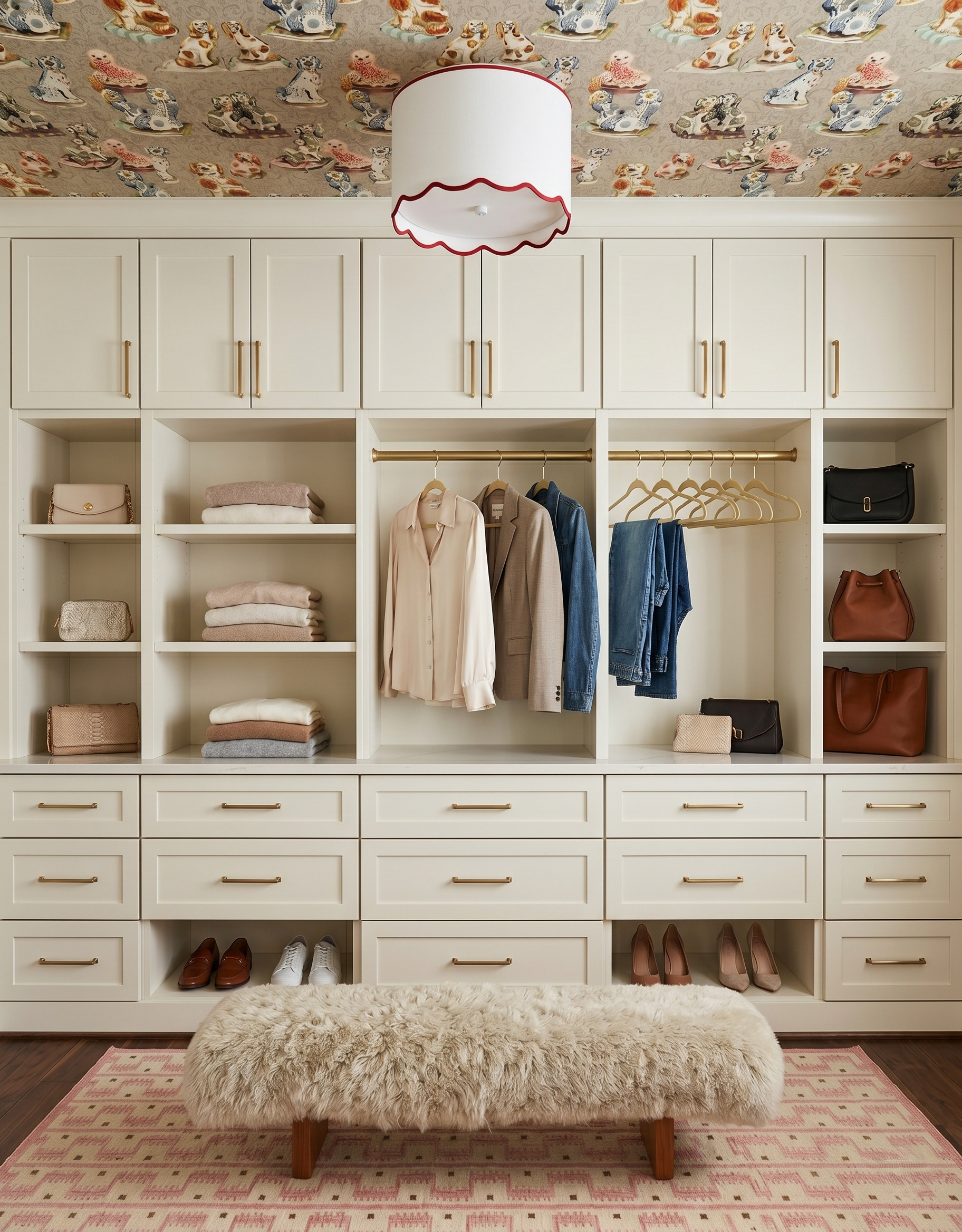 Cream shag upholstered bench with wood legs before a white wardrobe wall, over a pink geometric rug beneath an animal-print ceiling.