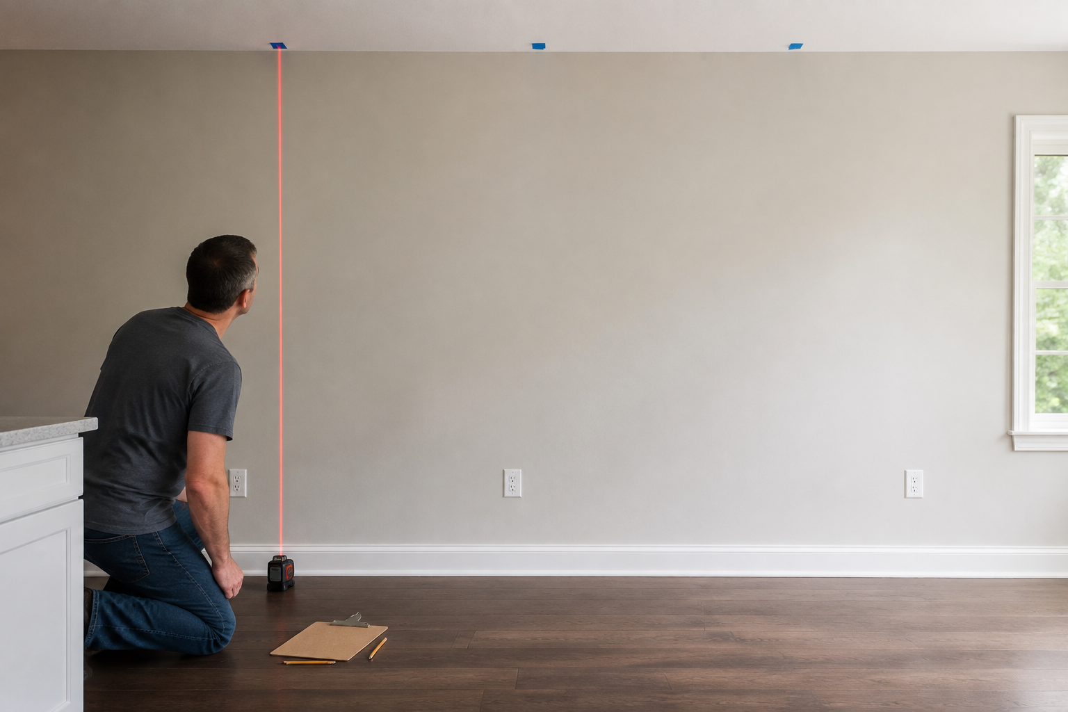 One adult checks a long kitchen wall with a vertical laser while three ceiling locations are marked for comparison.