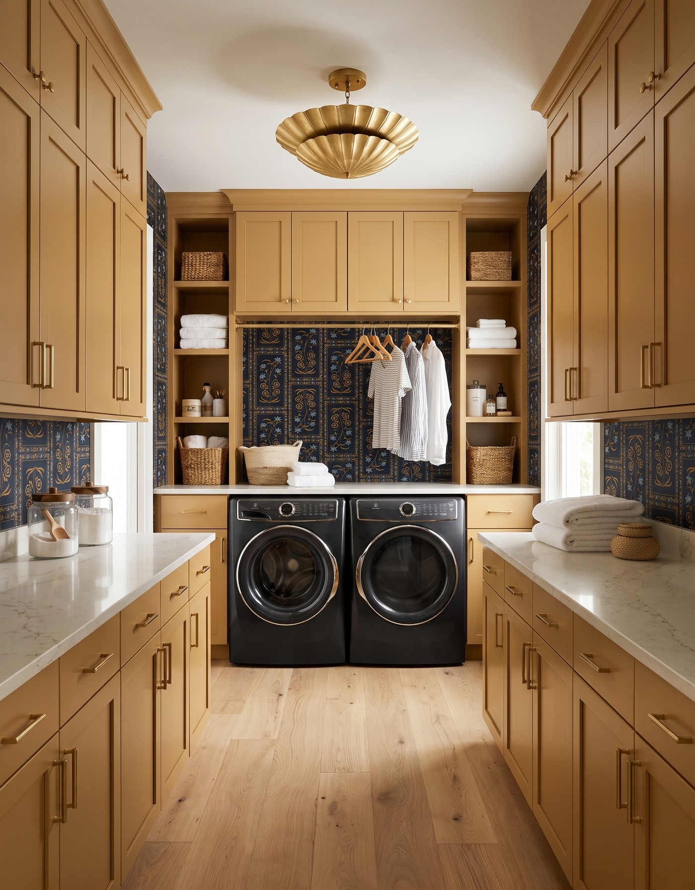 AI-created concept: Golden laundry cabinets with a dark framed botanical print, brass-toned scalloped light and pale wood floor.