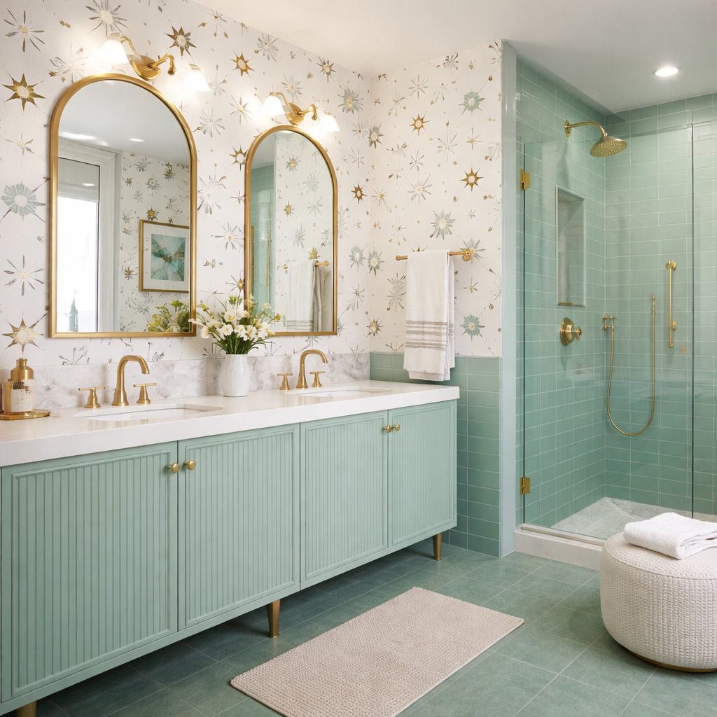 Pale mint ribbed vanity and matching shower tile with starburst wallpaper, arched gold mirrors and a rounded upholstered seat.