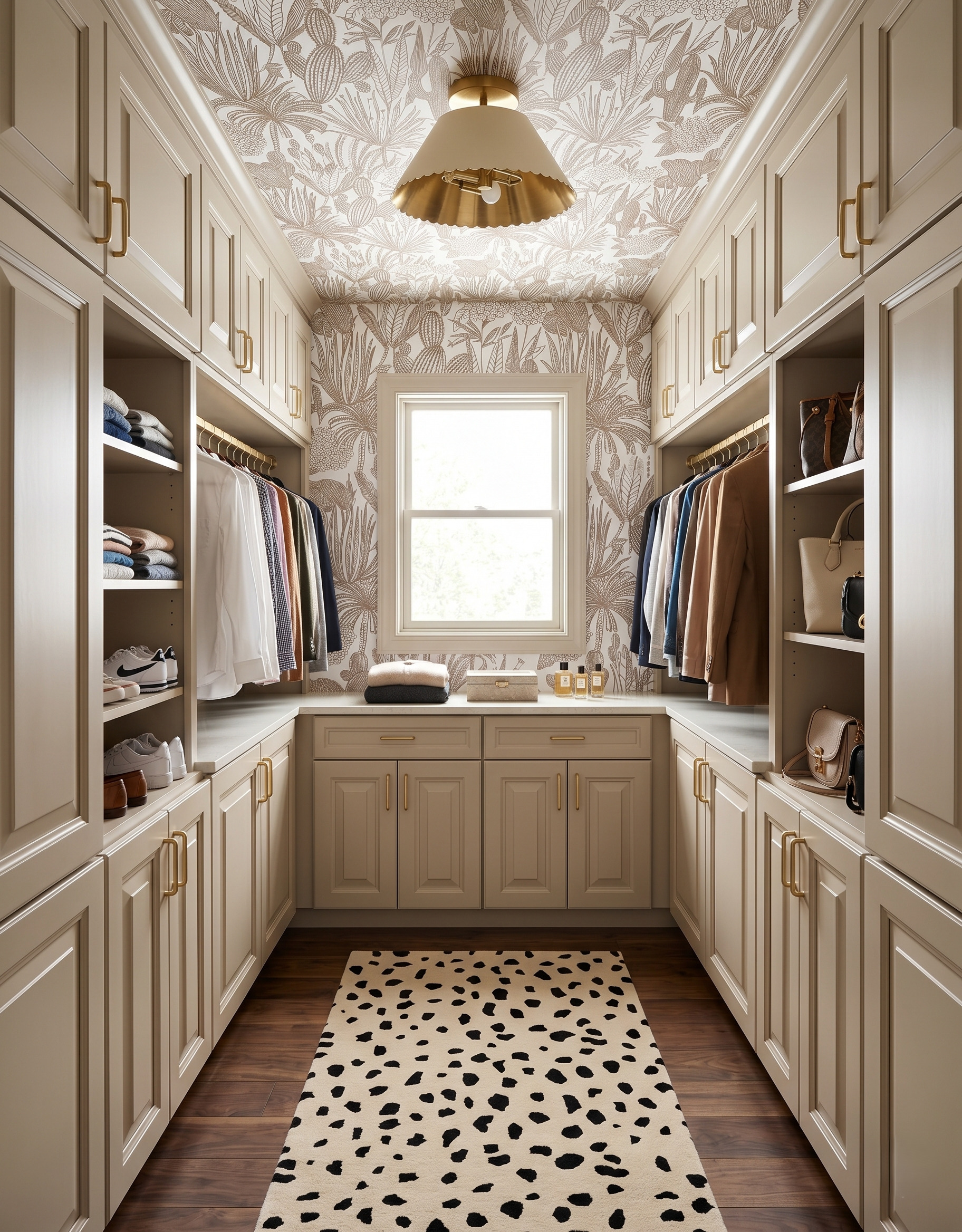 Cream scalloped ceiling shade with a gold underside in a cream closet with botanical wallpaper, a rear window and a black-spotted runner.