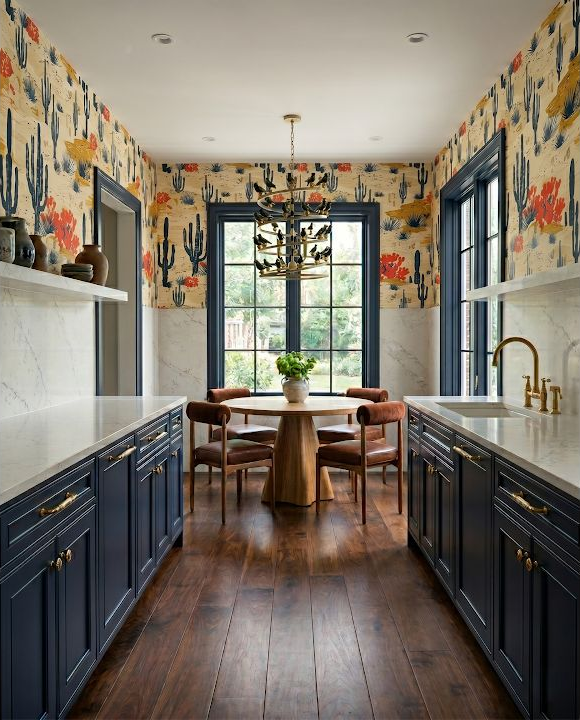 Kitchen view with an in-room patterned wallpaper accent used as a scale reference for wall planning.
