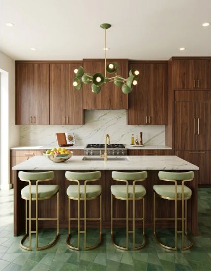A modern wood kitchen planned around a strong green floor and everyday use.