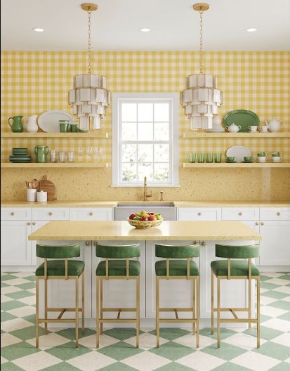 A cheerful kitchen using banana yellow and an expressive repeated pattern.