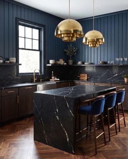 A midnight-blue kitchen with strong choices that benefit from shared approval.