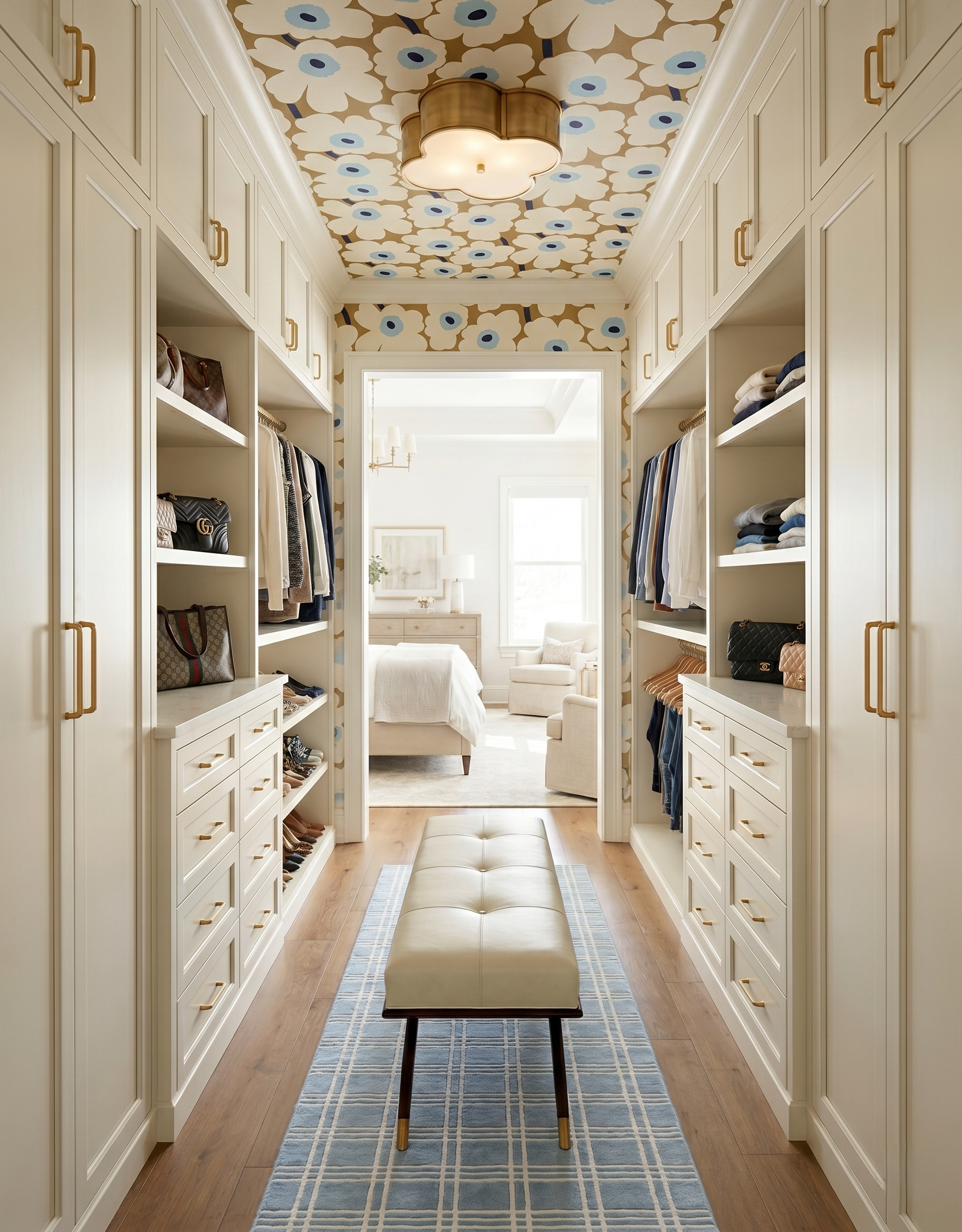 Cream tufted bench on dark tapered legs over a blue checked runner in a cream pass-through closet, with a floral ceiling and bedroom beyond.